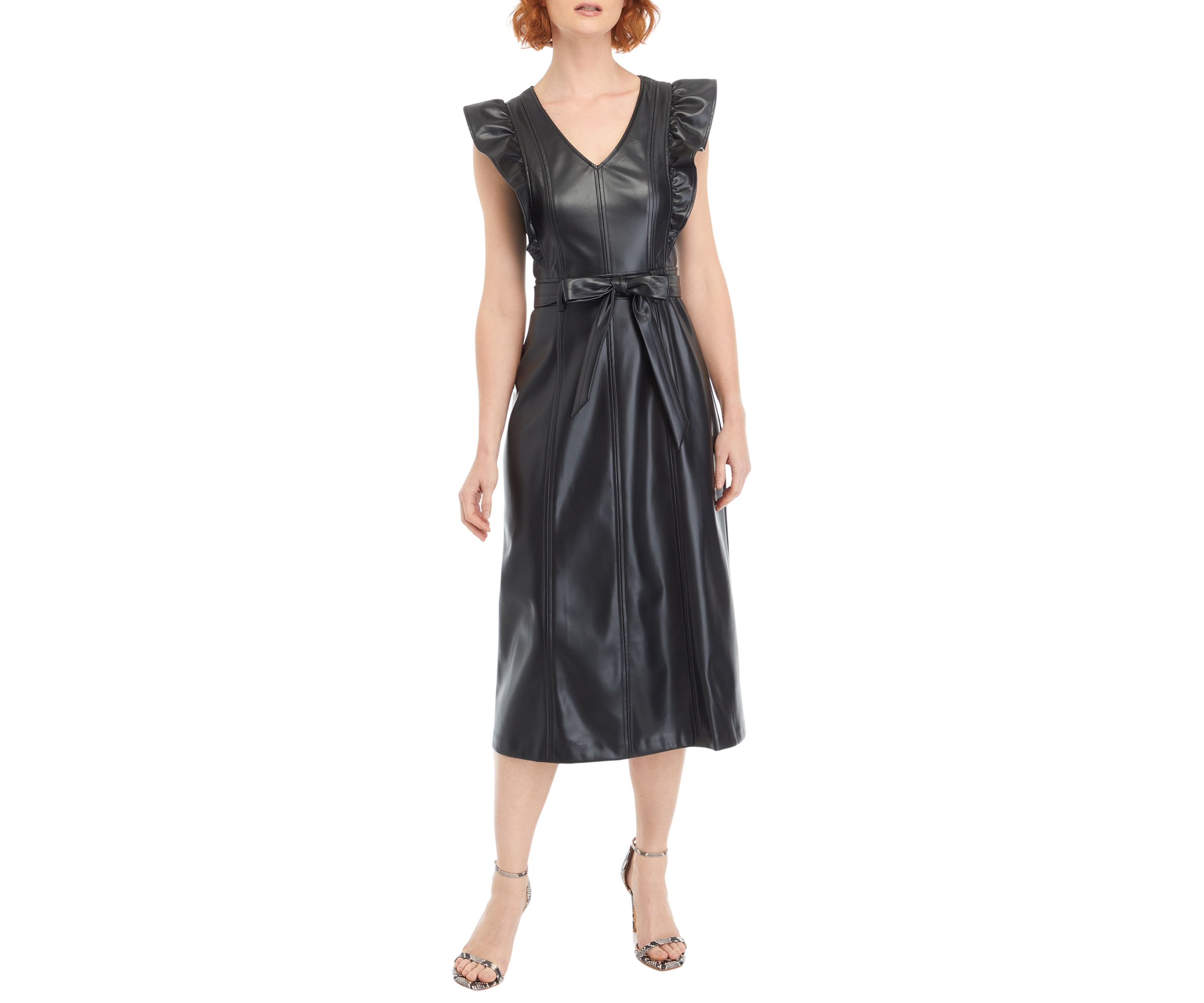 Womens Flutter Sleeve Vegan Leather Midi Dress