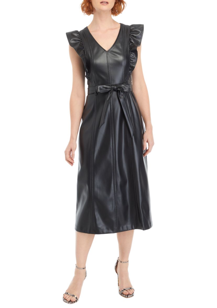 Womens Flutter Sleeve Vegan Leather Midi Dress