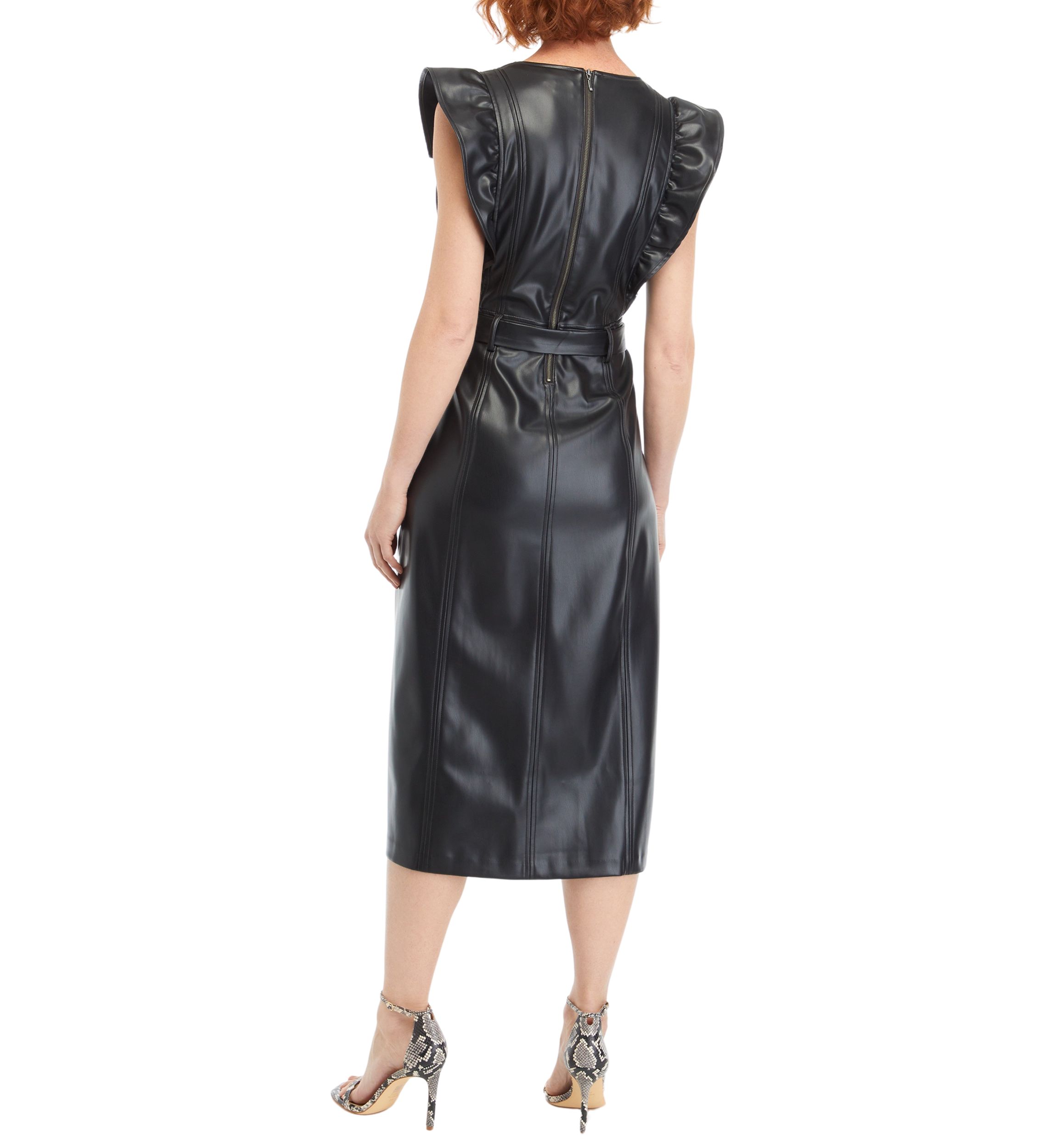 Womens Flutter Sleeve Vegan Leather Midi Dress