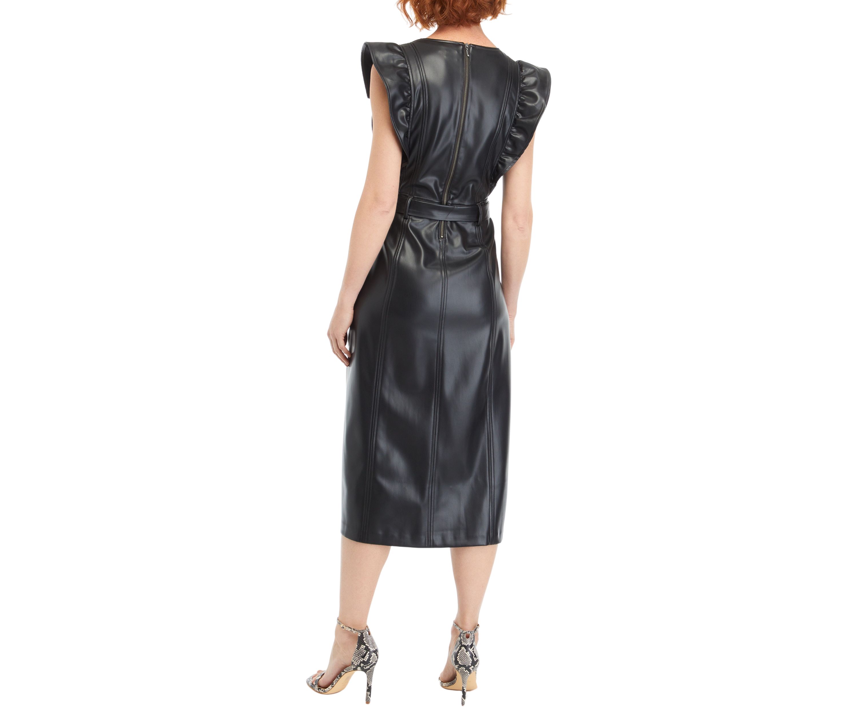 Womens Flutter Sleeve Vegan Leather Midi Dress