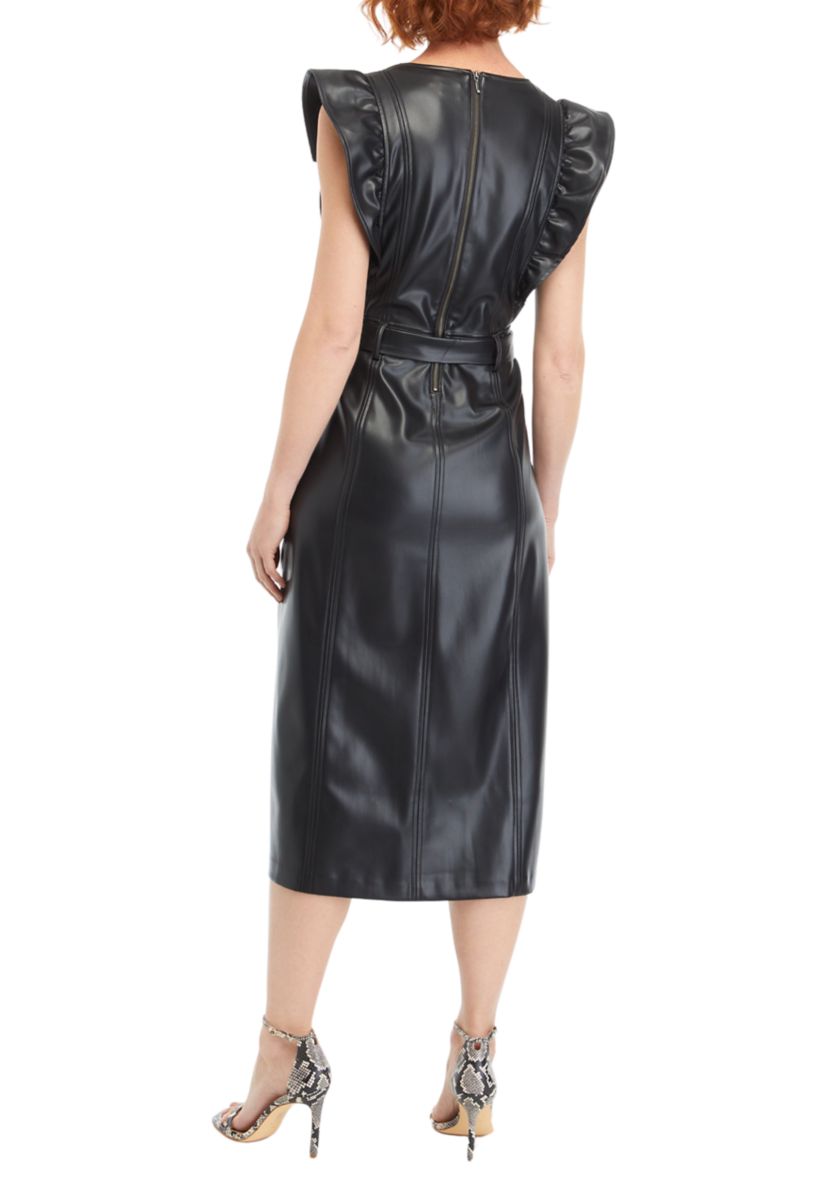 Womens Flutter Sleeve Vegan Leather Midi Dress