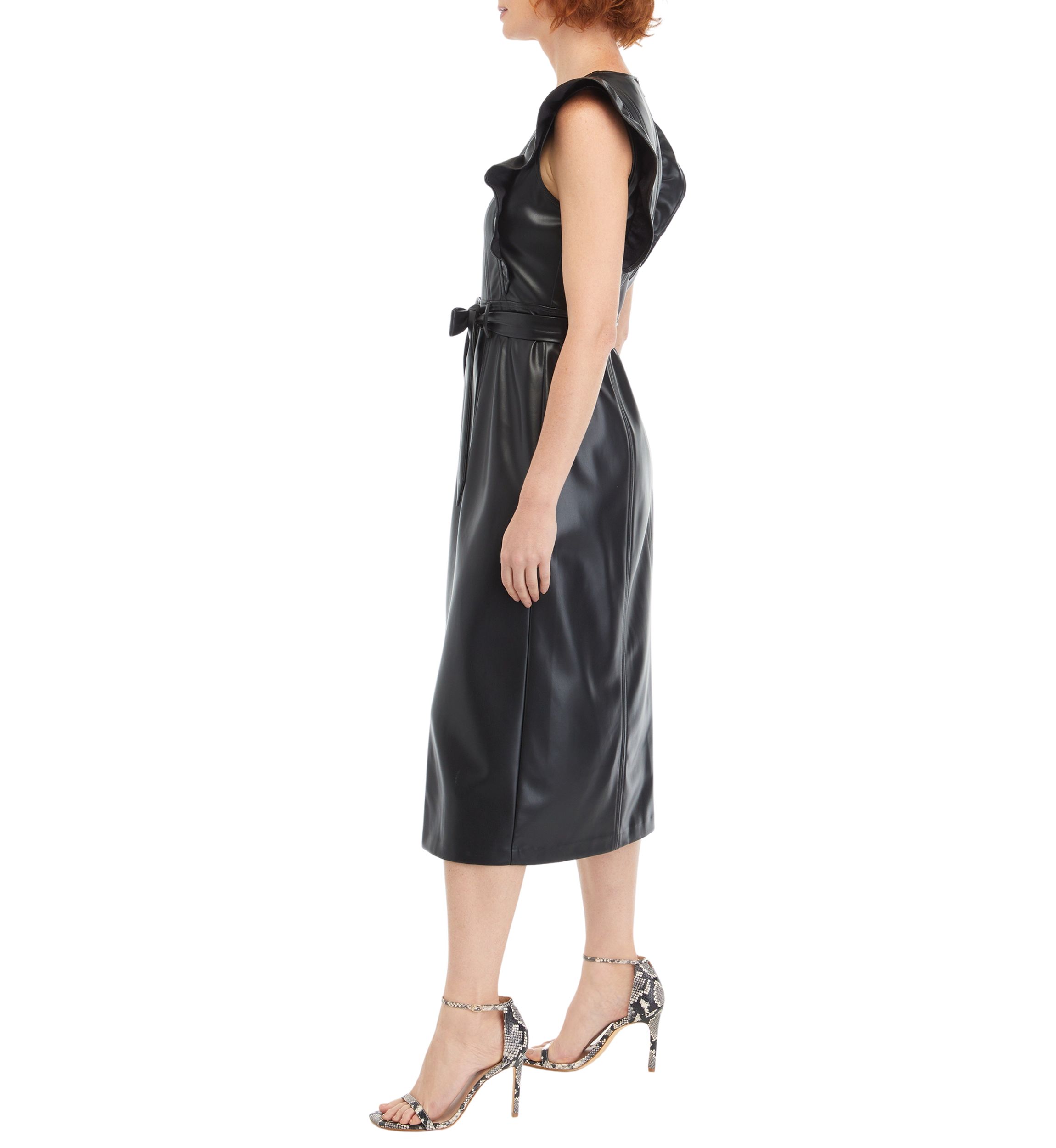 Womens Flutter Sleeve Vegan Leather Midi Dress