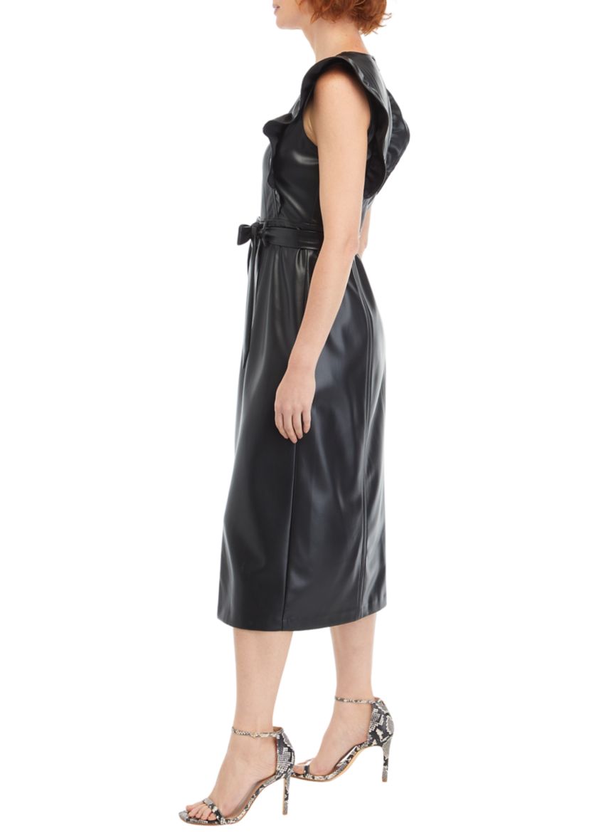 Womens Flutter Sleeve Vegan Leather Midi Dress