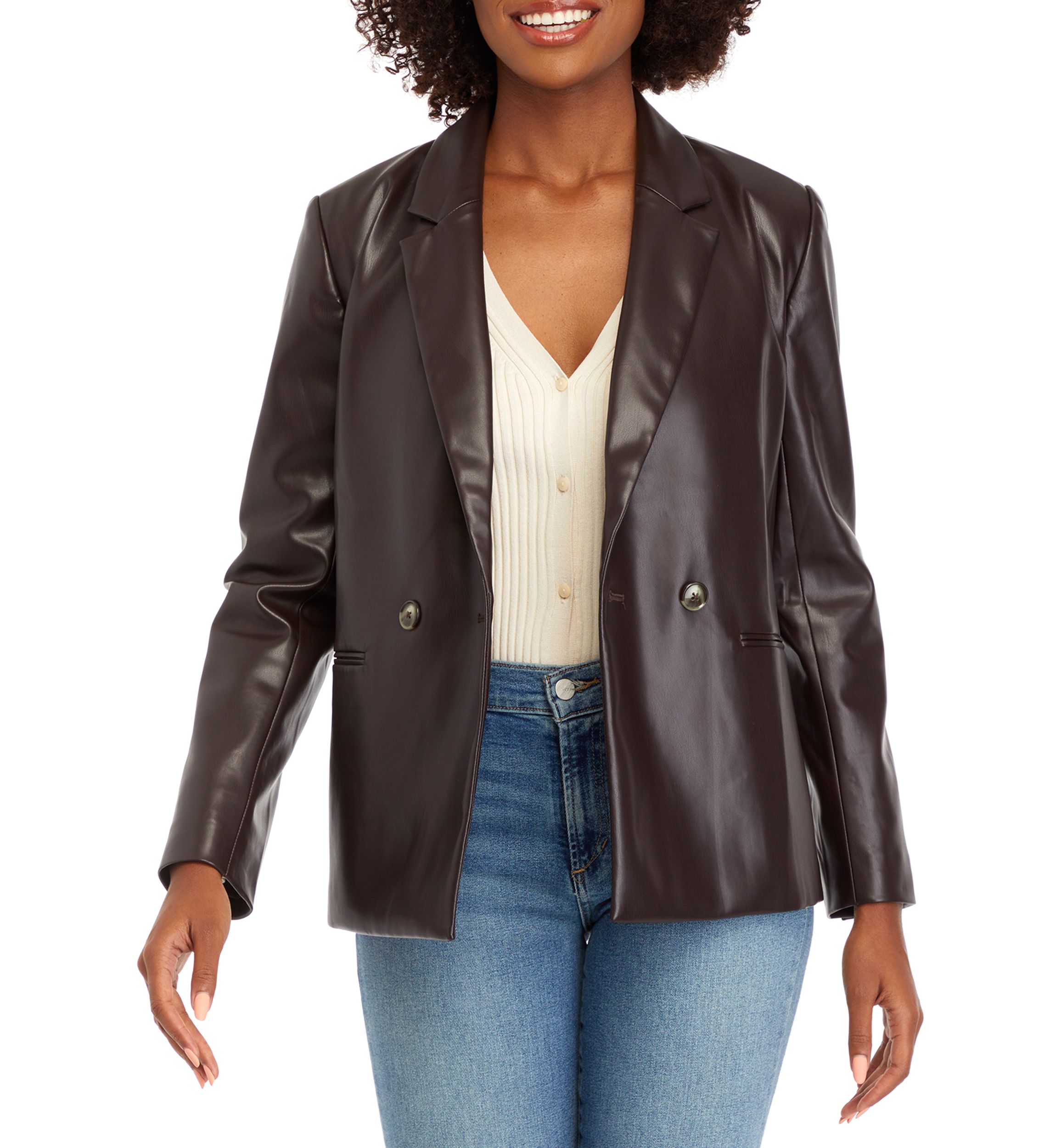 Womens Double Breasted Faux Leather Blazer