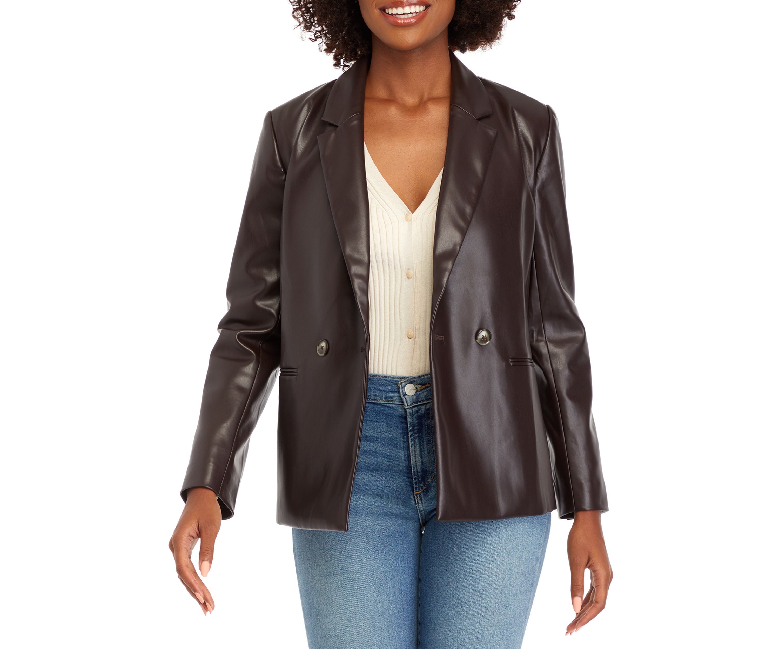 Womens Double Breasted Faux Leather Blazer