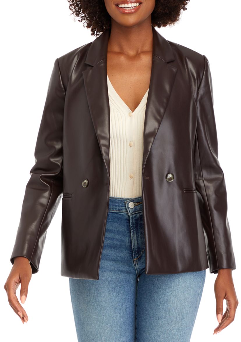 Womens Double Breasted Faux Leather Blazer