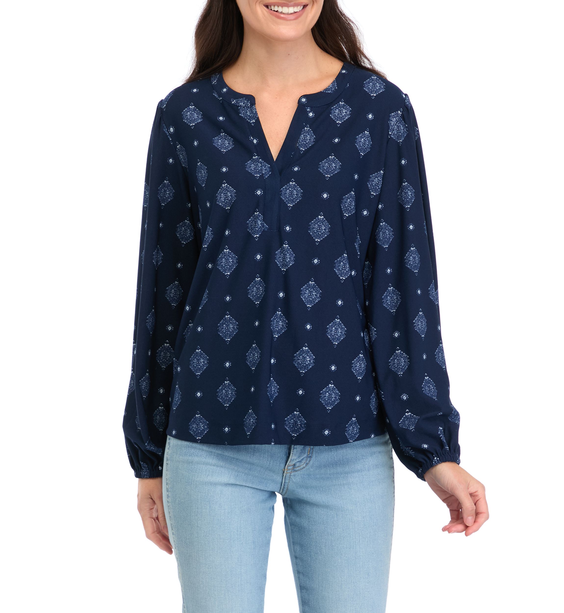 Womens Long Sleeve Printed Popover Blouse