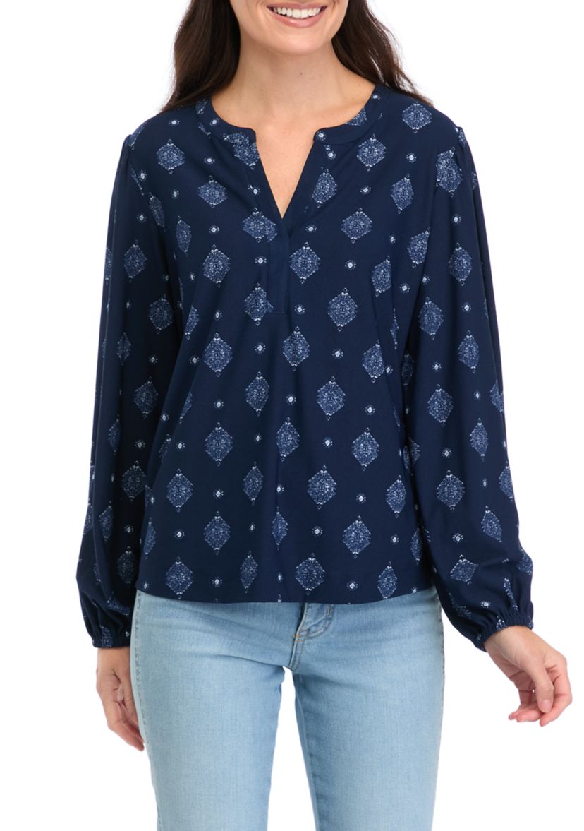 Womens Long Sleeve Printed Popover Blouse