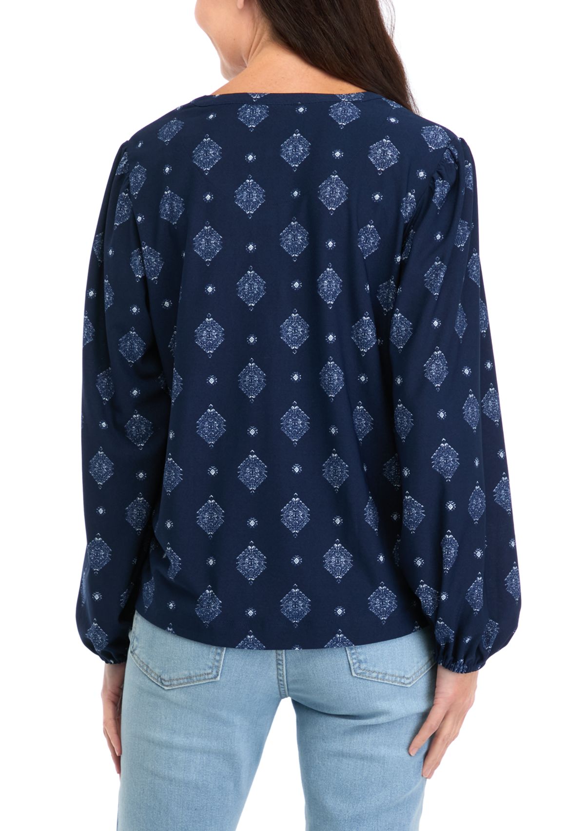 Womens Long Sleeve Printed Popover Blouse