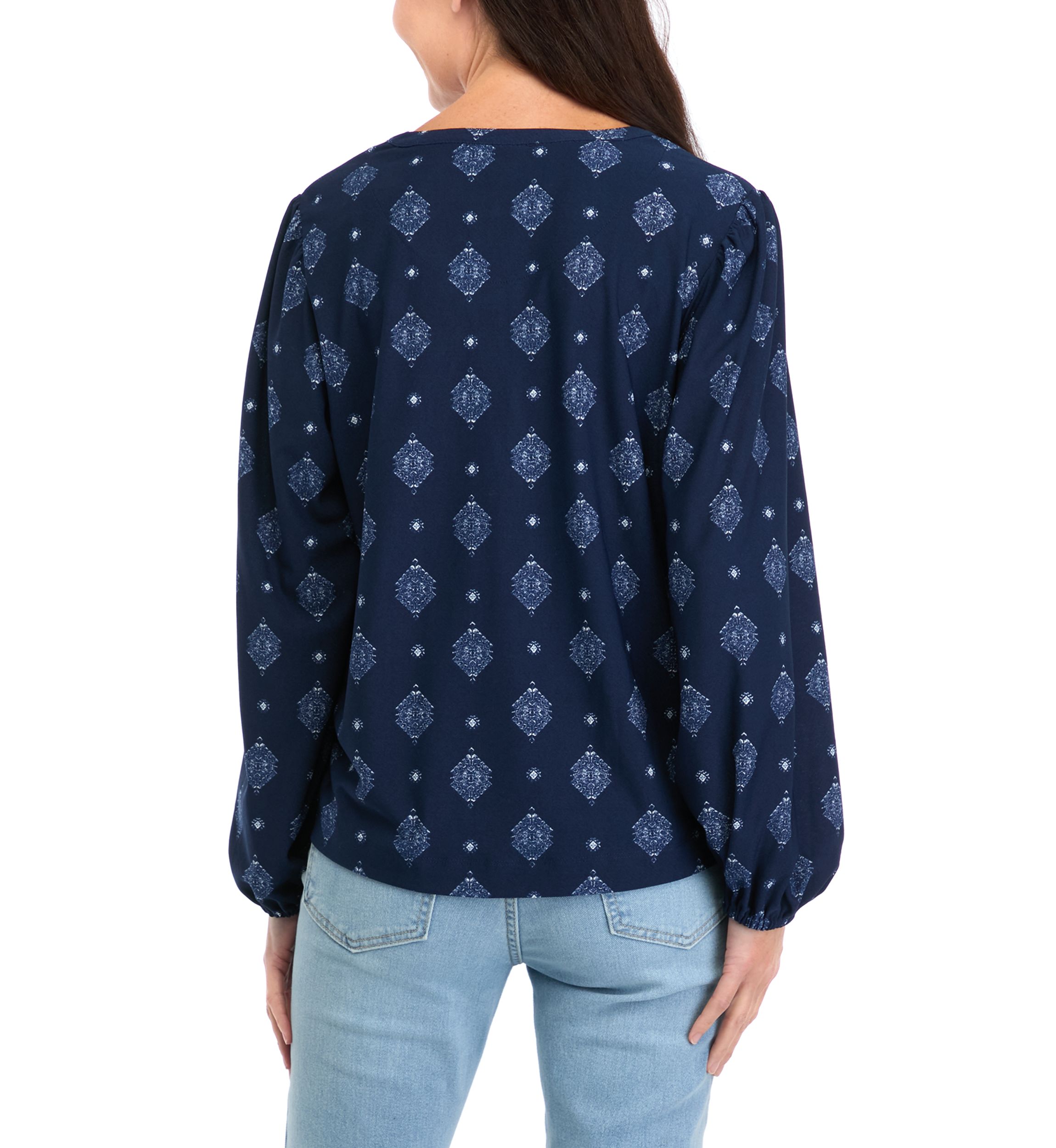 Womens Long Sleeve Printed Popover Blouse