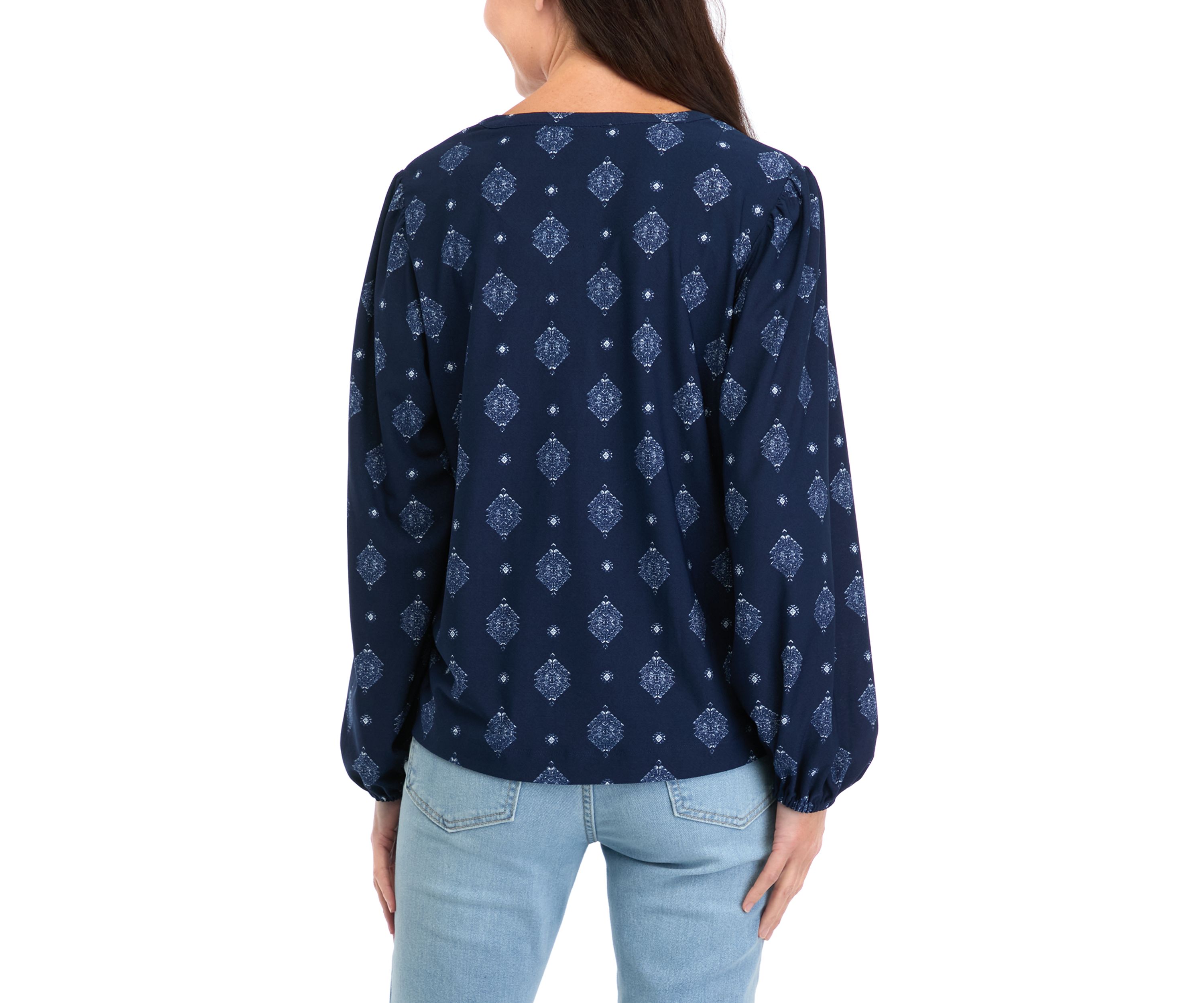 Womens Long Sleeve Printed Popover Blouse