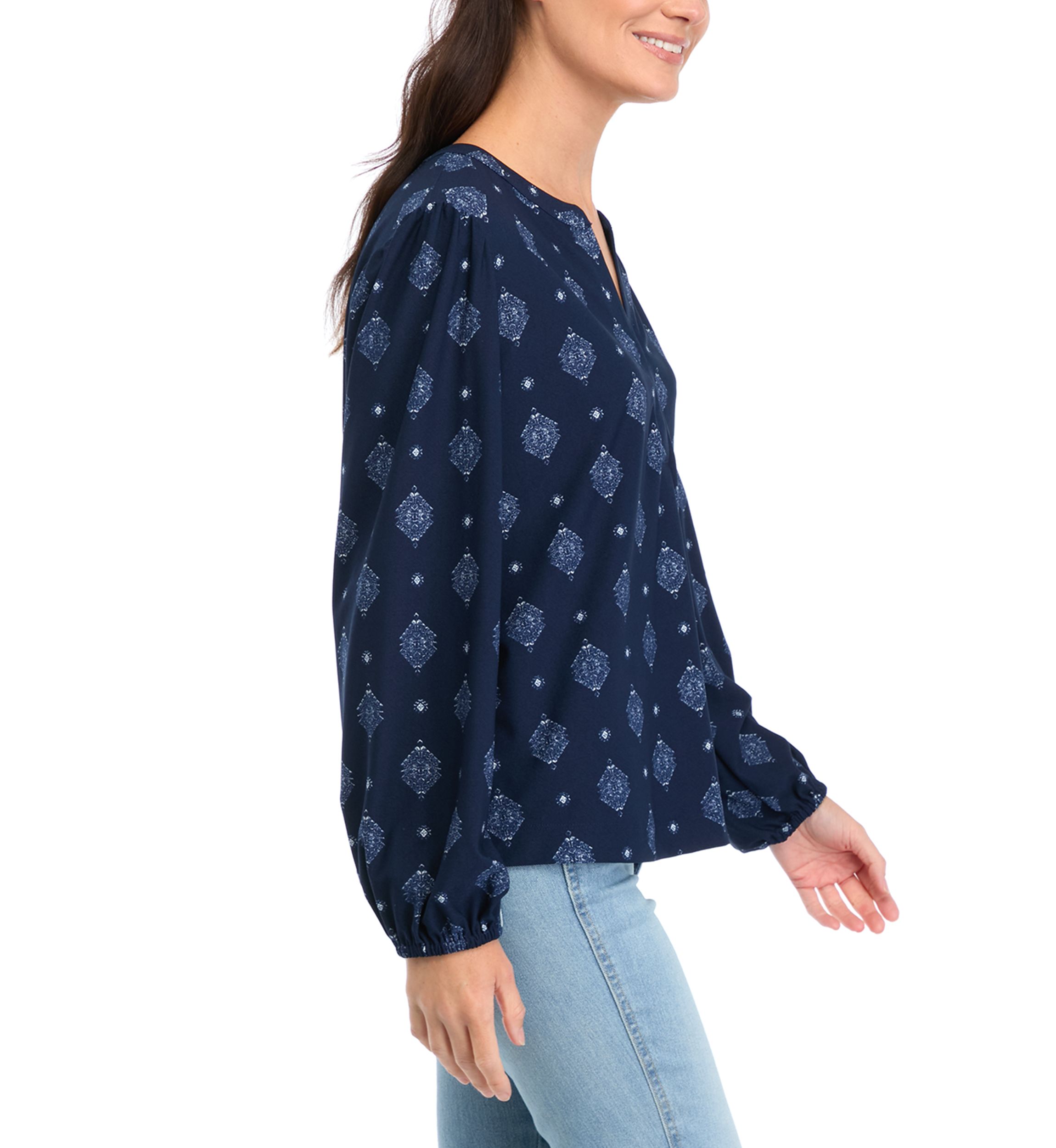 Womens Long Sleeve Printed Popover Blouse