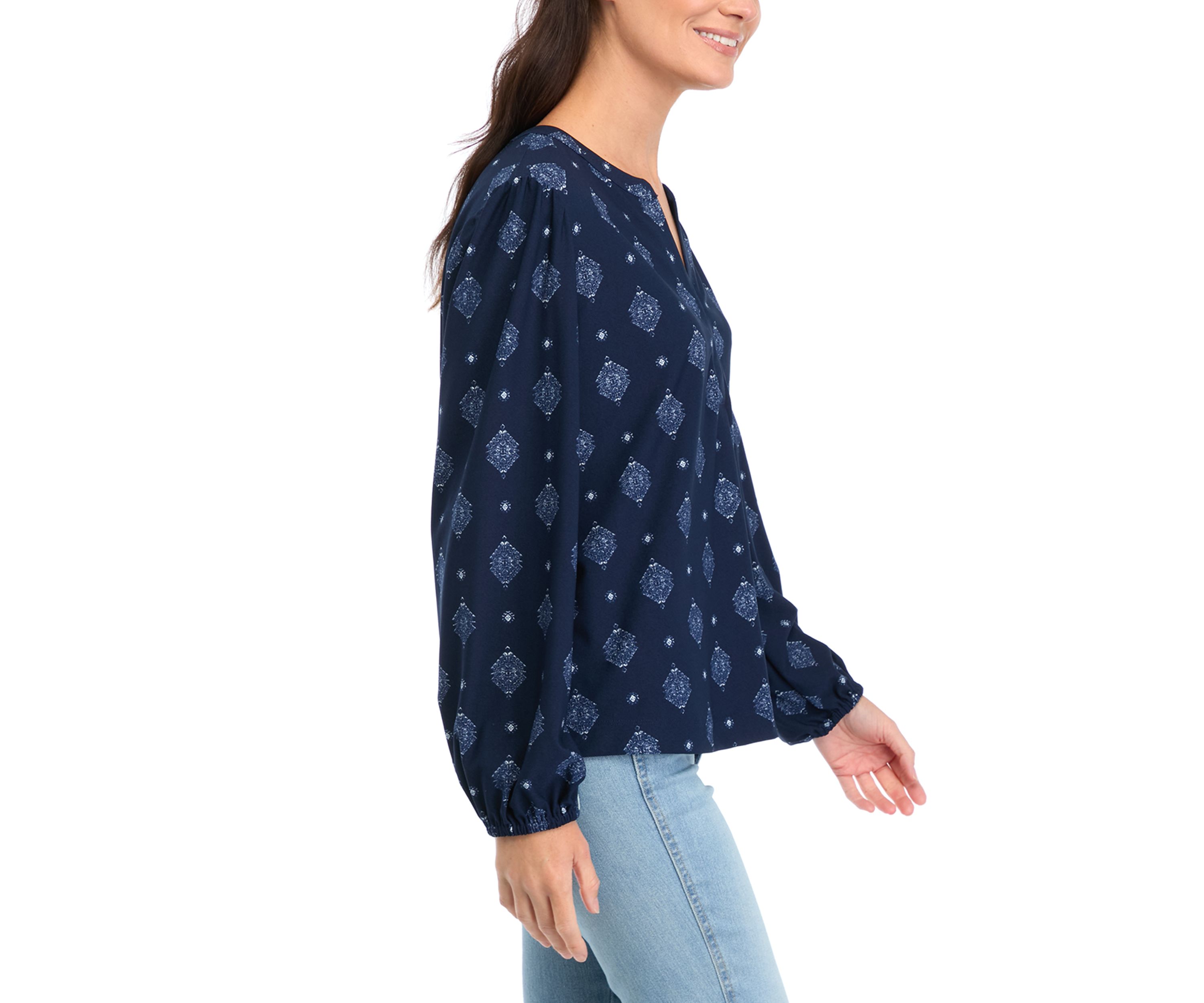 Womens Long Sleeve Printed Popover Blouse