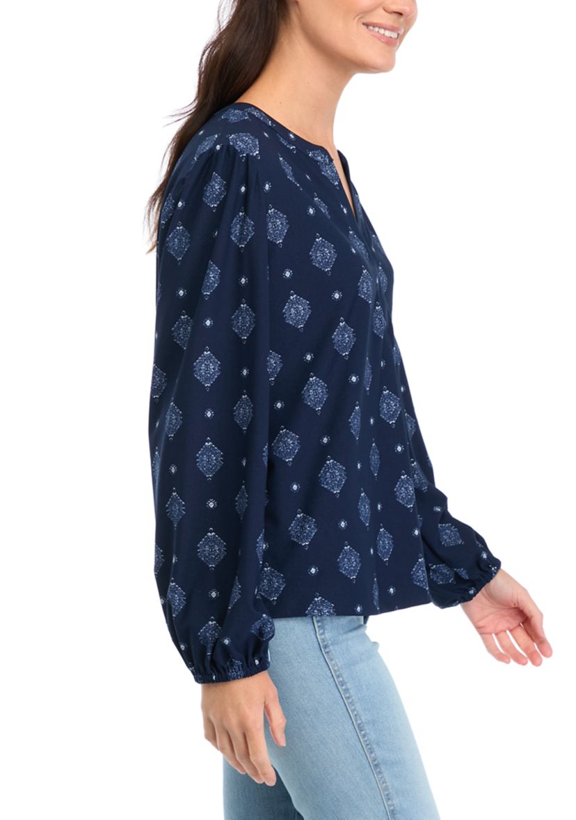 Womens Long Sleeve Printed Popover Blouse