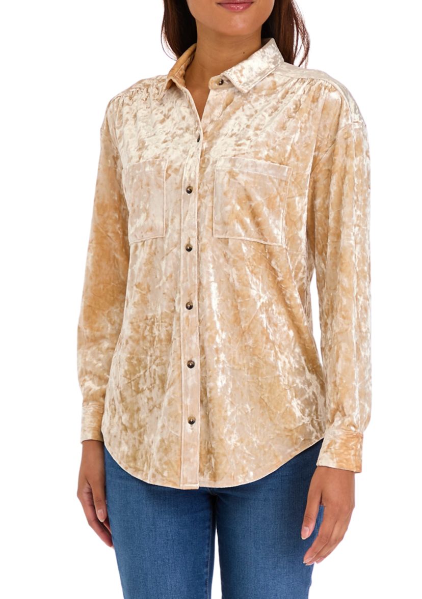 Womens Velour Button Down Shirt 