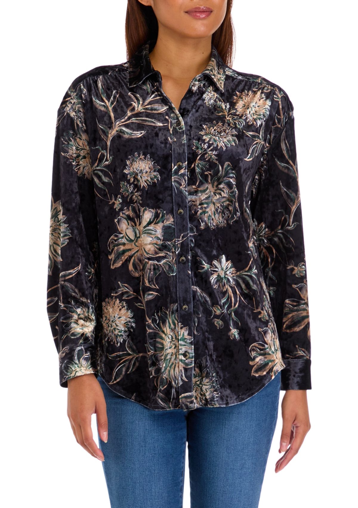 Womens Printed Velour Button Down Top