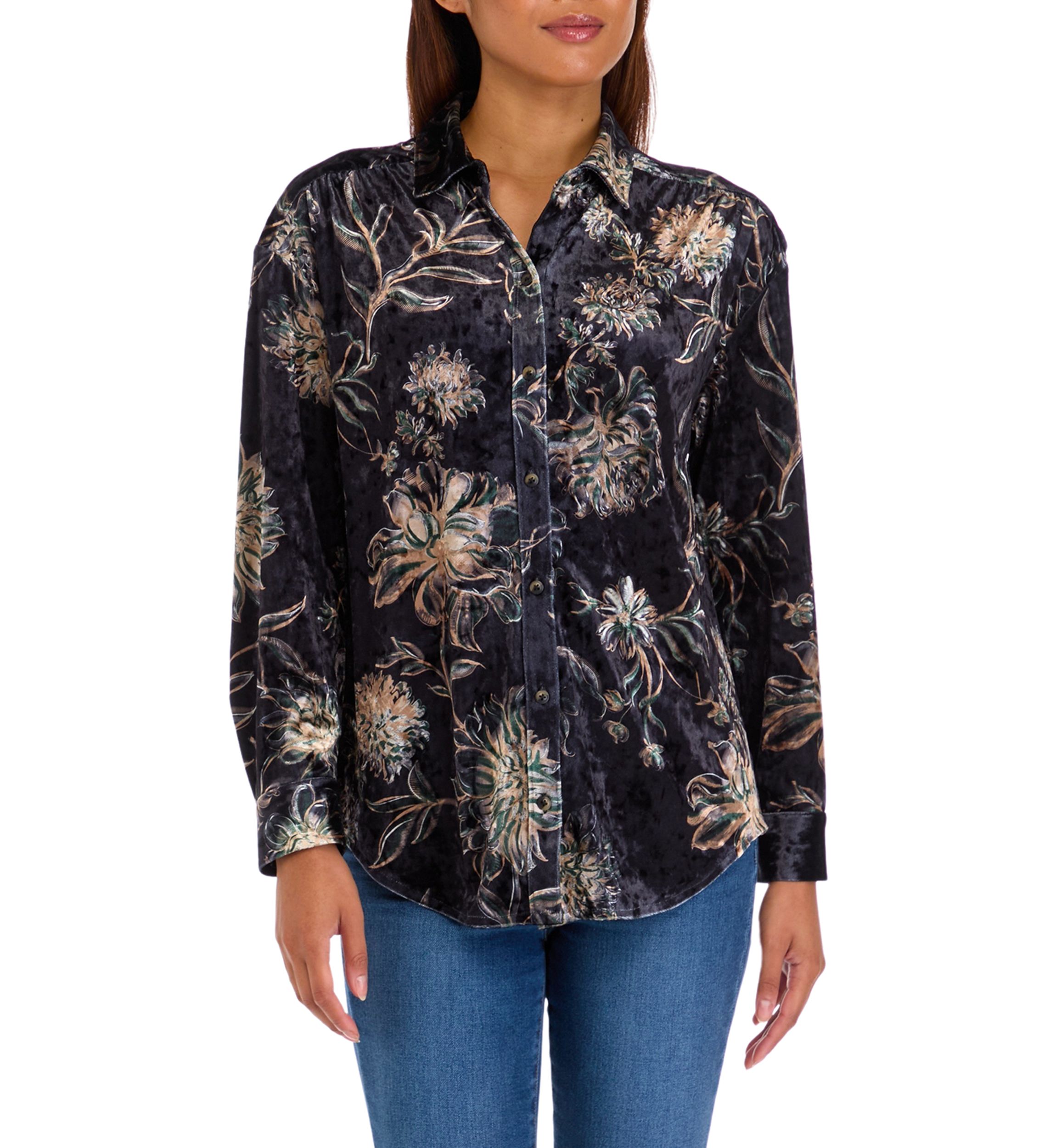 Womens Printed Velour Button Down Top