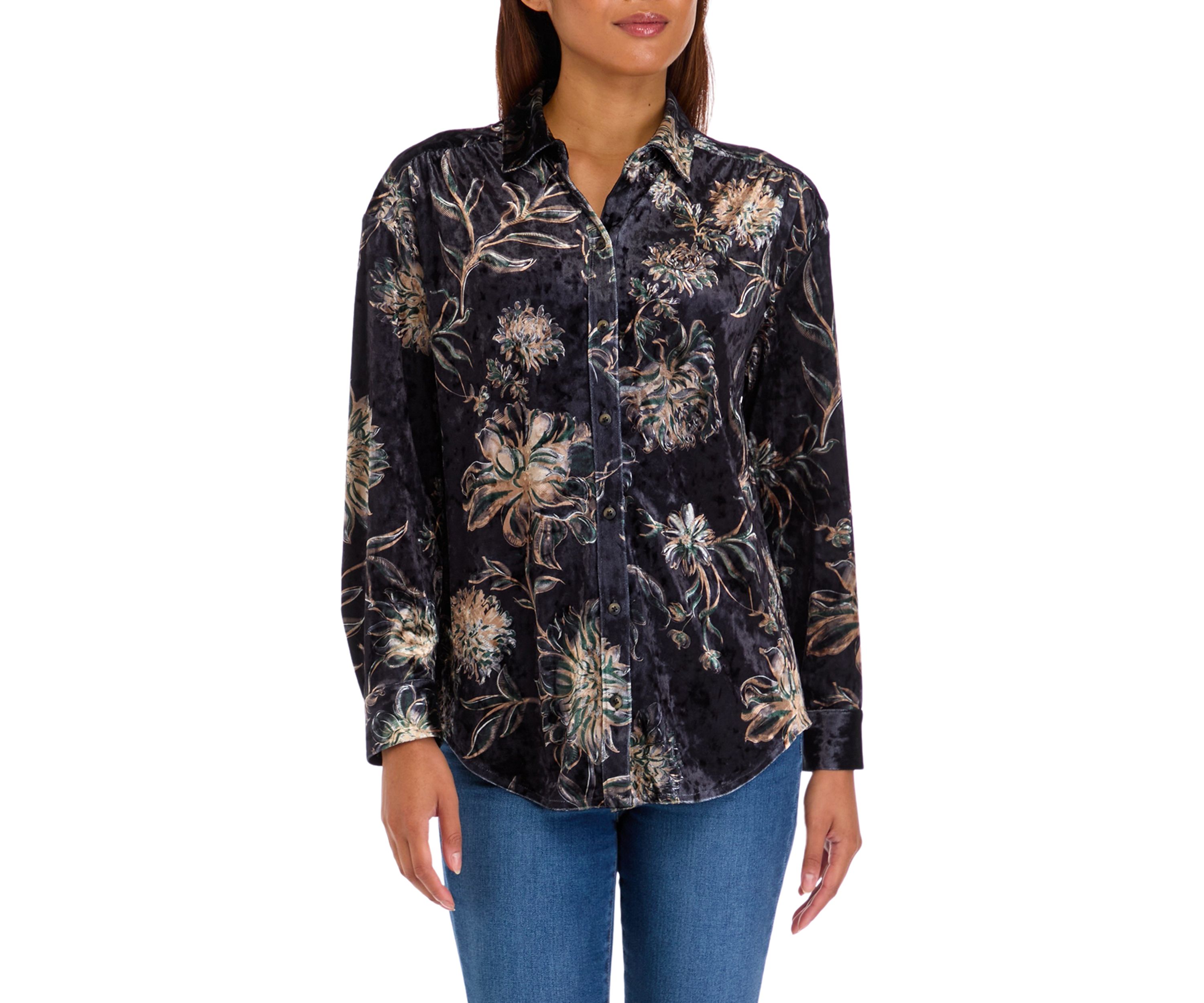 Womens Printed Velour Button Down Top