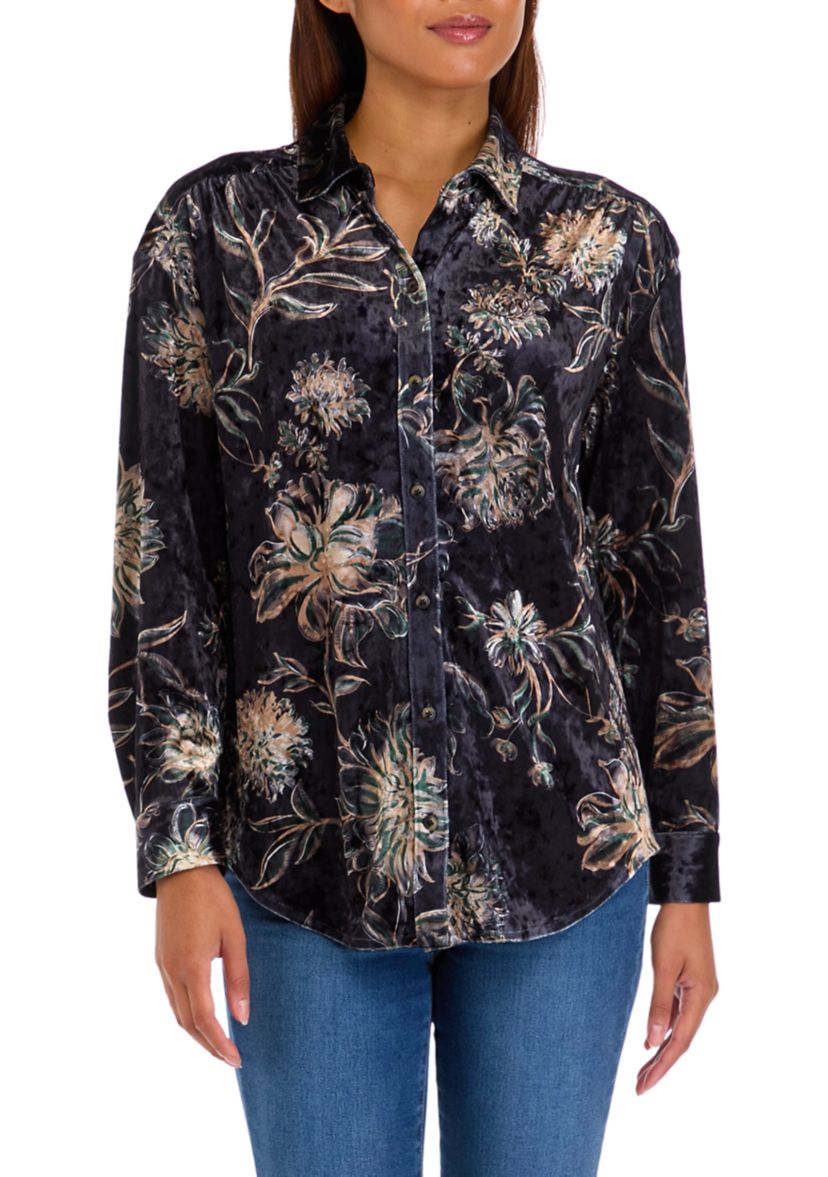 Womens Printed Velour Button Down Top