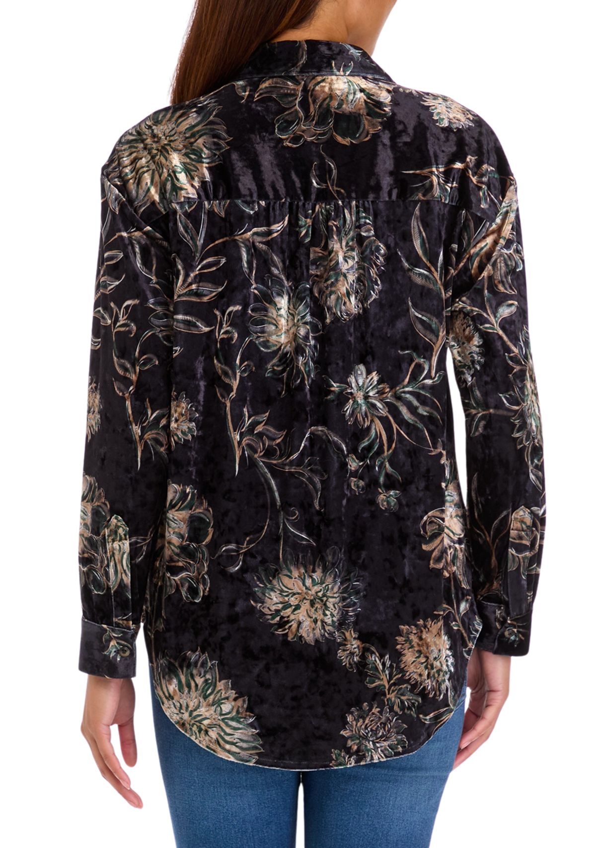 Womens Printed Velour Button Down Top