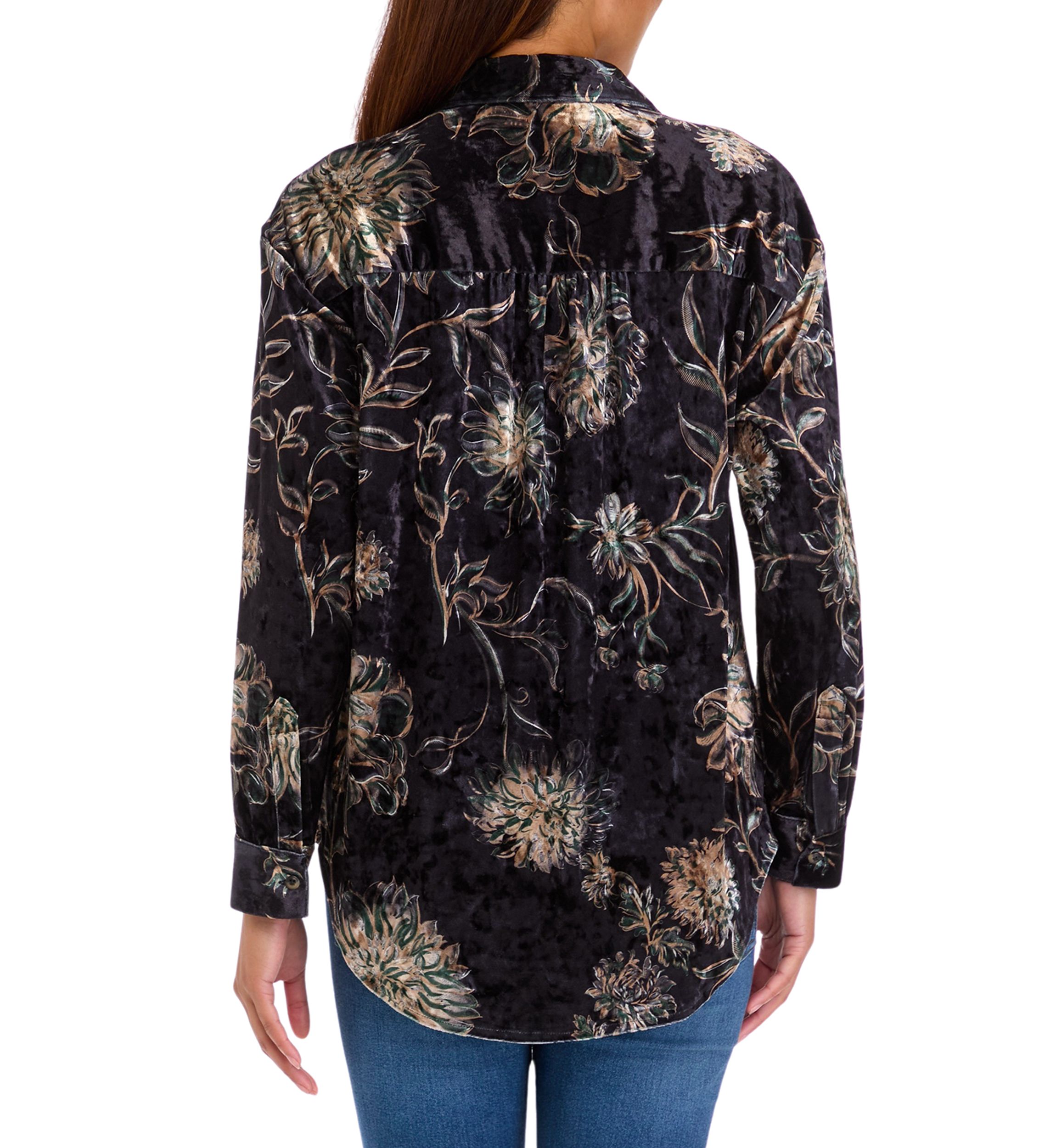 Womens Printed Velour Button Down Top
