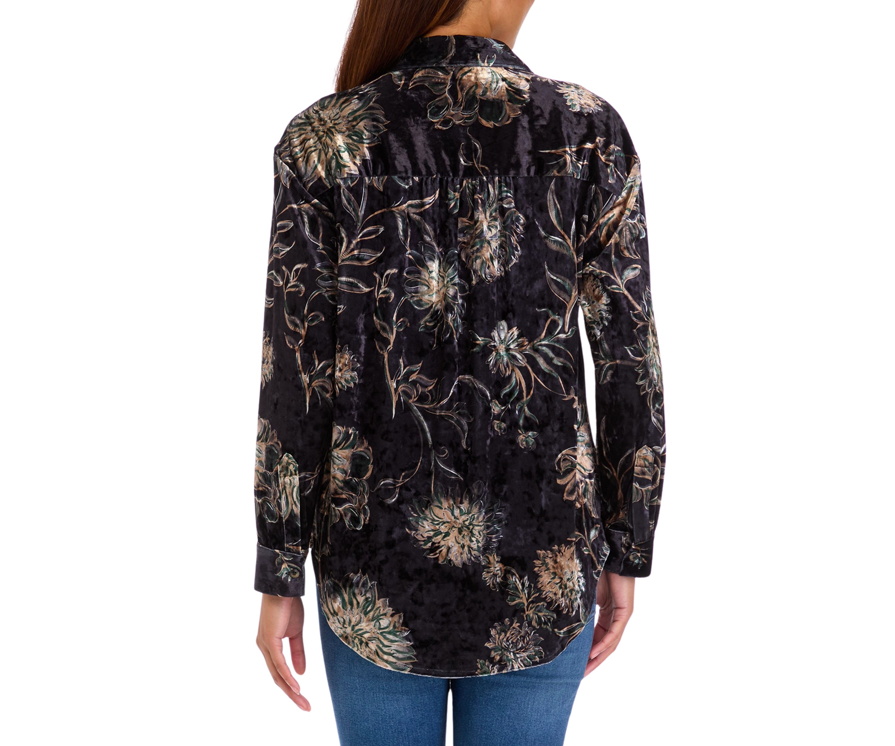 Womens Printed Velour Button Down Top