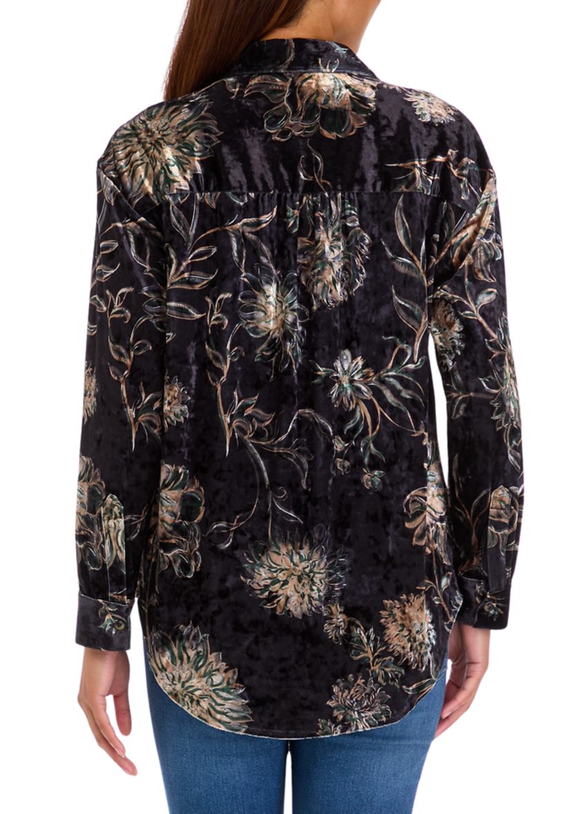 Womens Printed Velour Button Down Top