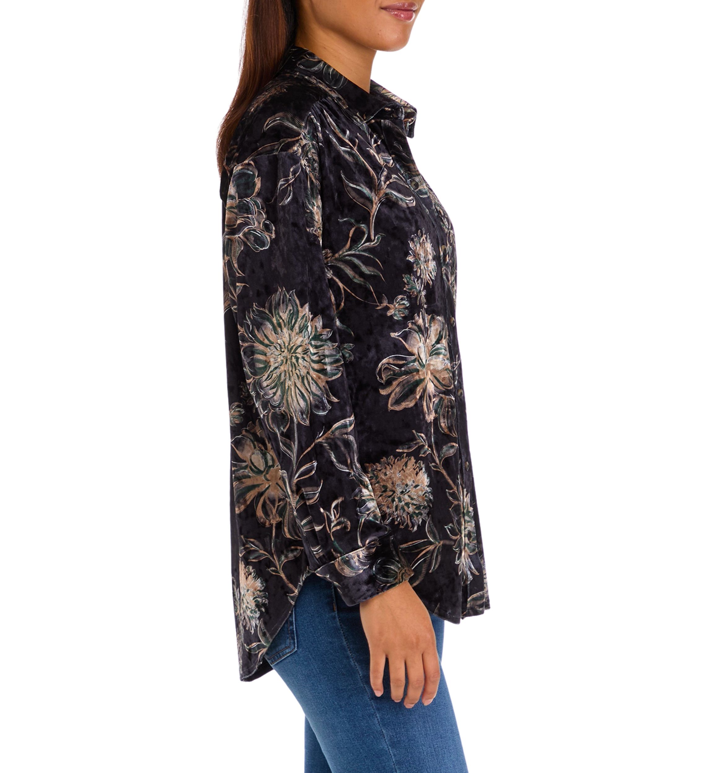 Womens Printed Velour Button Down Top
