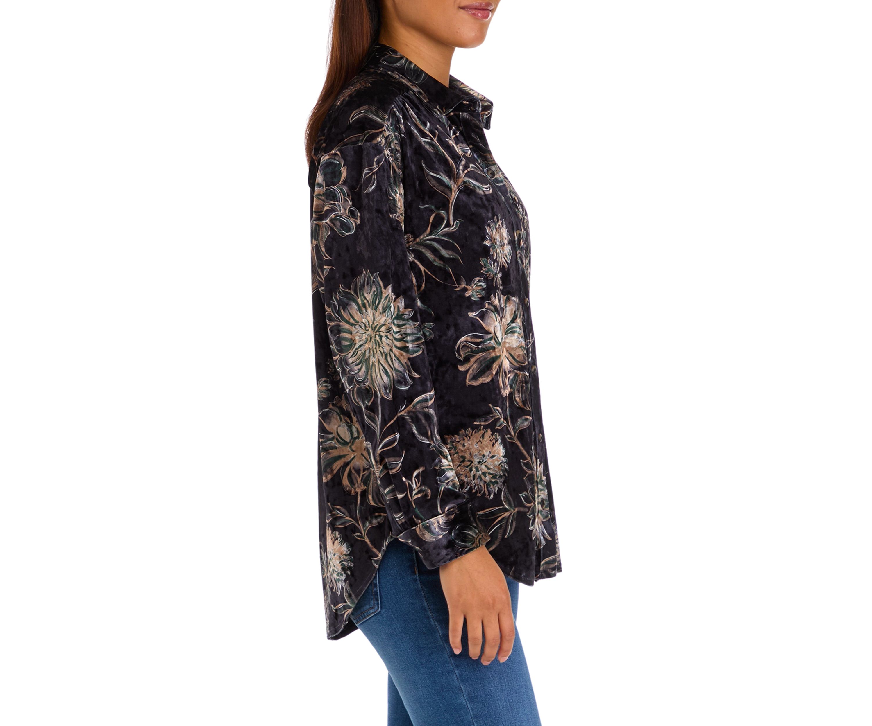 Womens Printed Velour Button Down Top