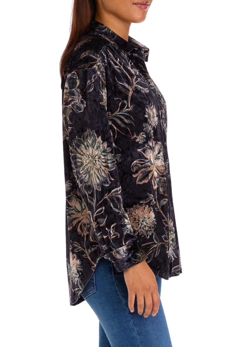 Womens Printed Velour Button Down Top