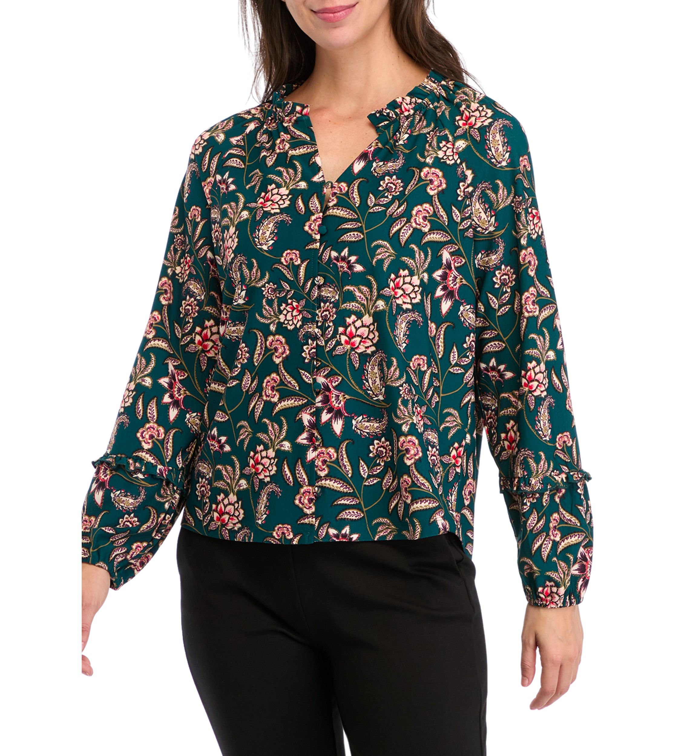 Womens Long Sleeve V-Neck Printed Blouse