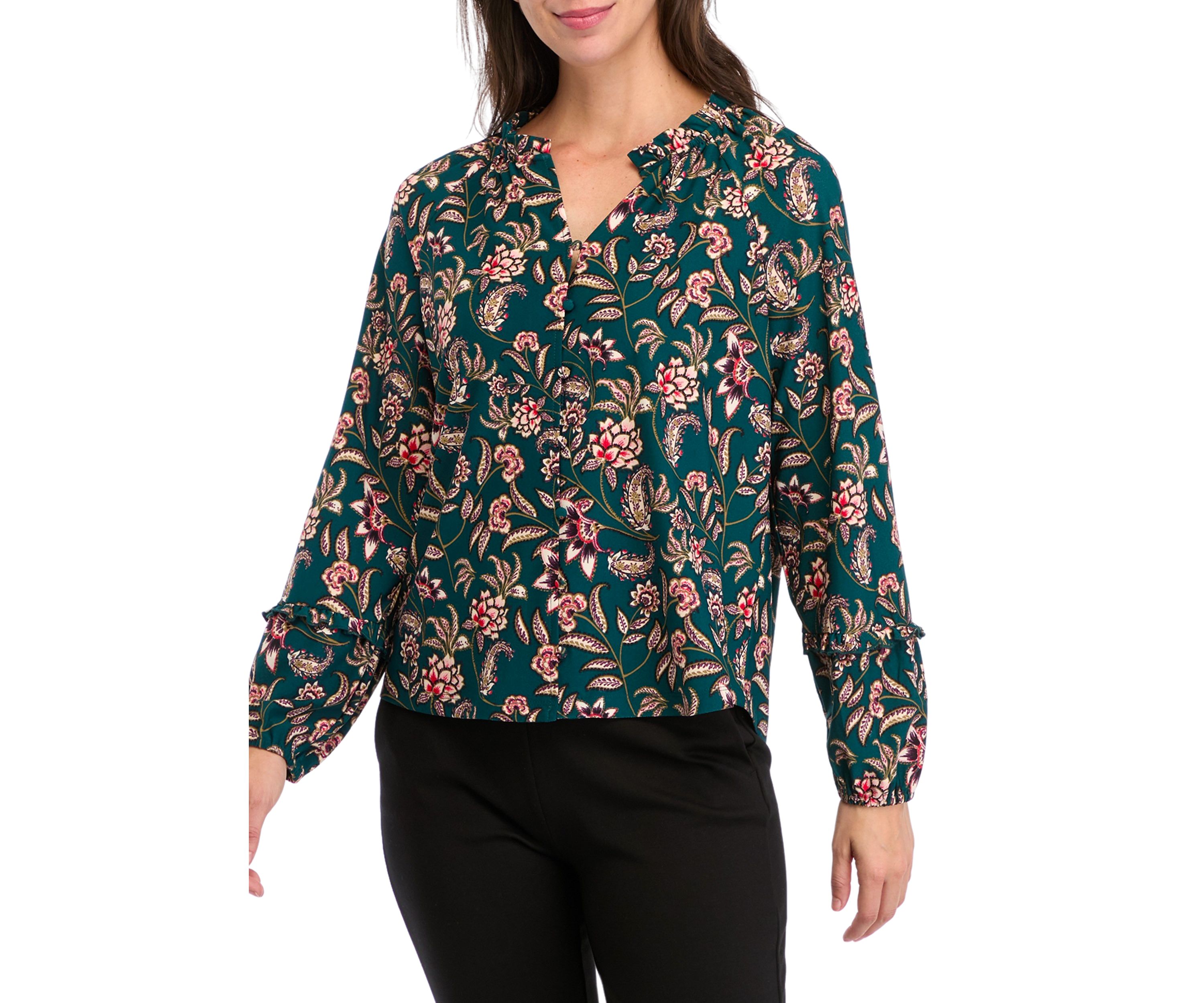 Womens Long Sleeve V-Neck Printed Blouse