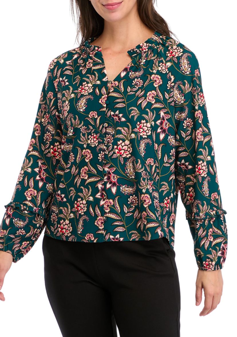Womens Long Sleeve V-Neck Printed Blouse