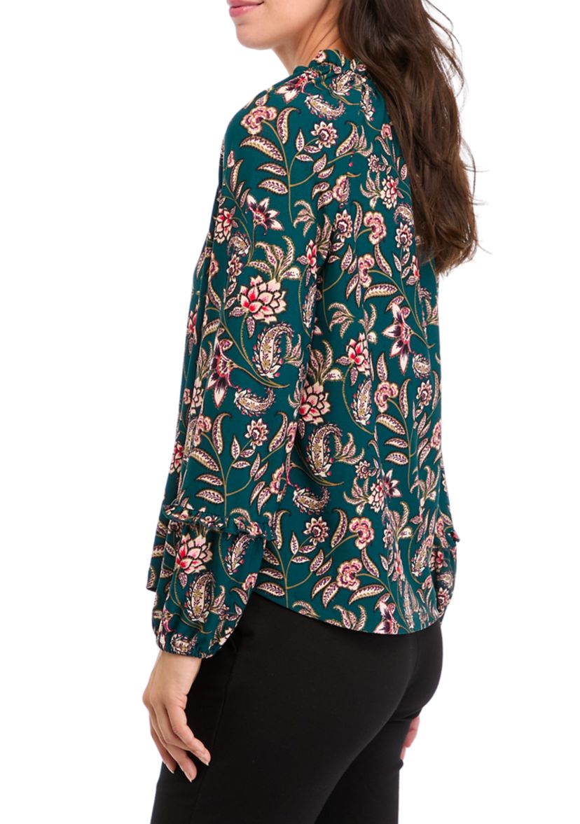 Womens Long Sleeve V-Neck Printed Blouse