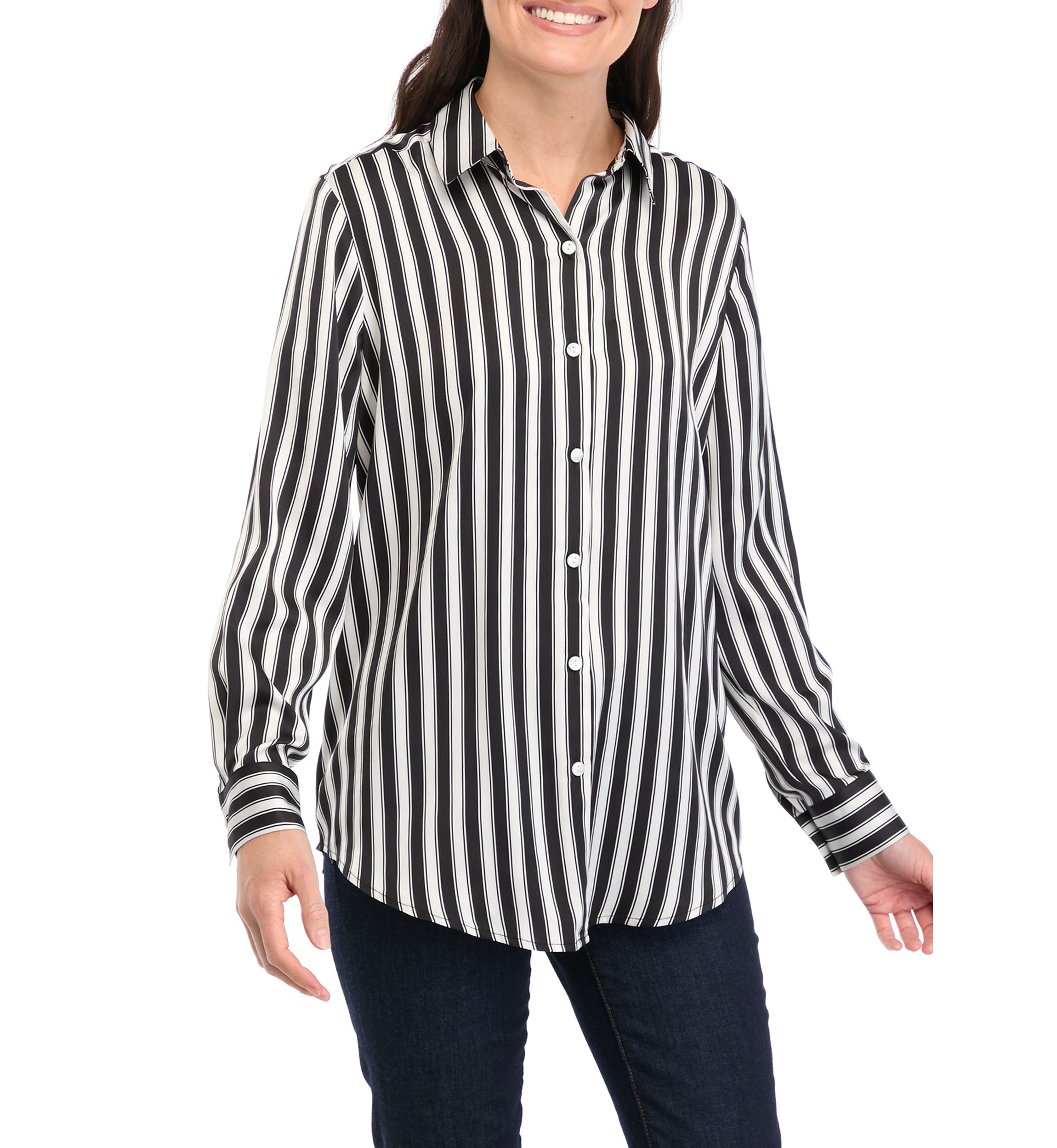 Womens Long Sleeve Satin Striped Button Down Shirt 