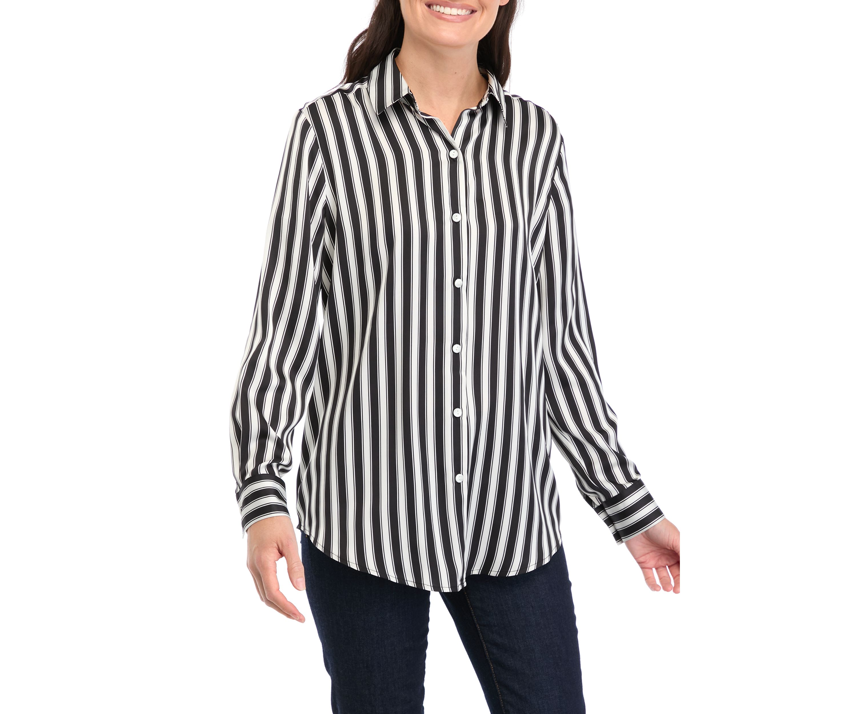 Womens Long Sleeve Satin Striped Button Down Shirt 