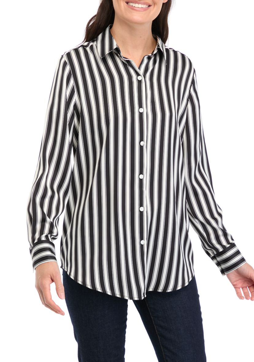 Womens Long Sleeve Satin Striped Button Down Shirt 