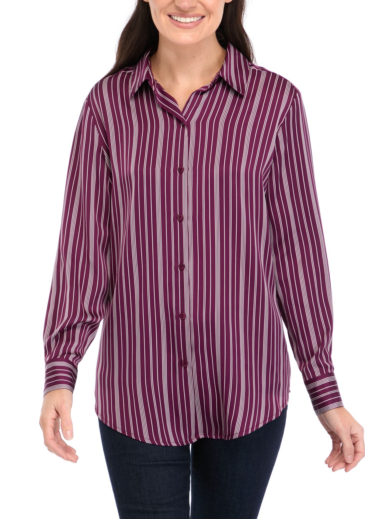 Womens Long Sleeve Satin Striped Button Down Shirt 