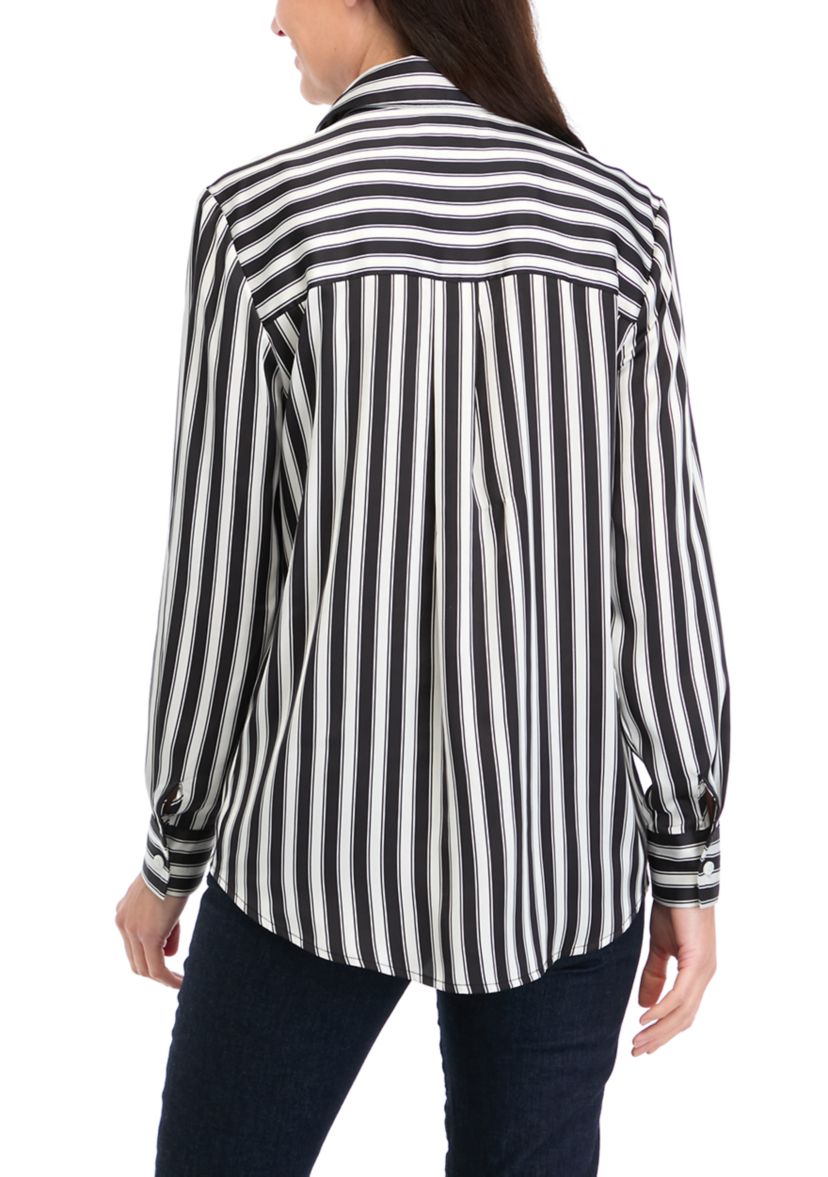 Womens Long Sleeve Satin Striped Button Down Shirt 