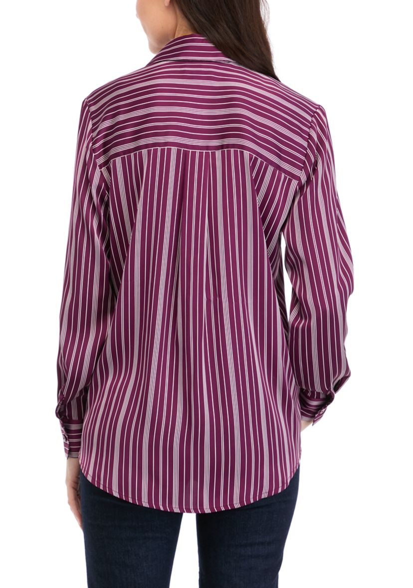 Womens Long Sleeve Satin Striped Button Down Shirt 