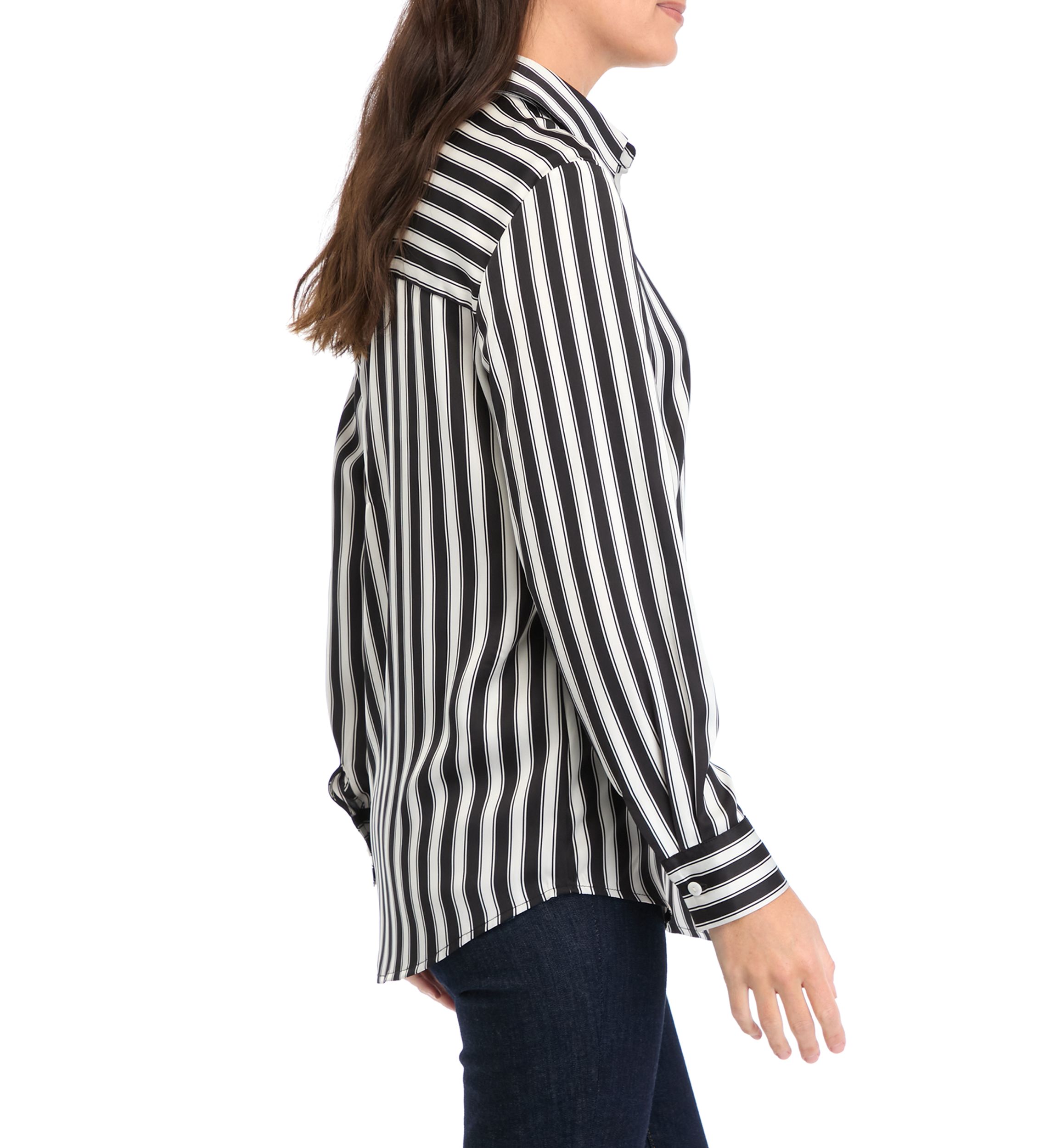 Womens Long Sleeve Satin Striped Button Down Shirt 
