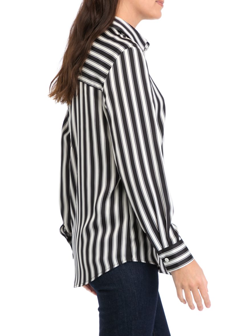 Womens Long Sleeve Satin Striped Button Down Shirt 