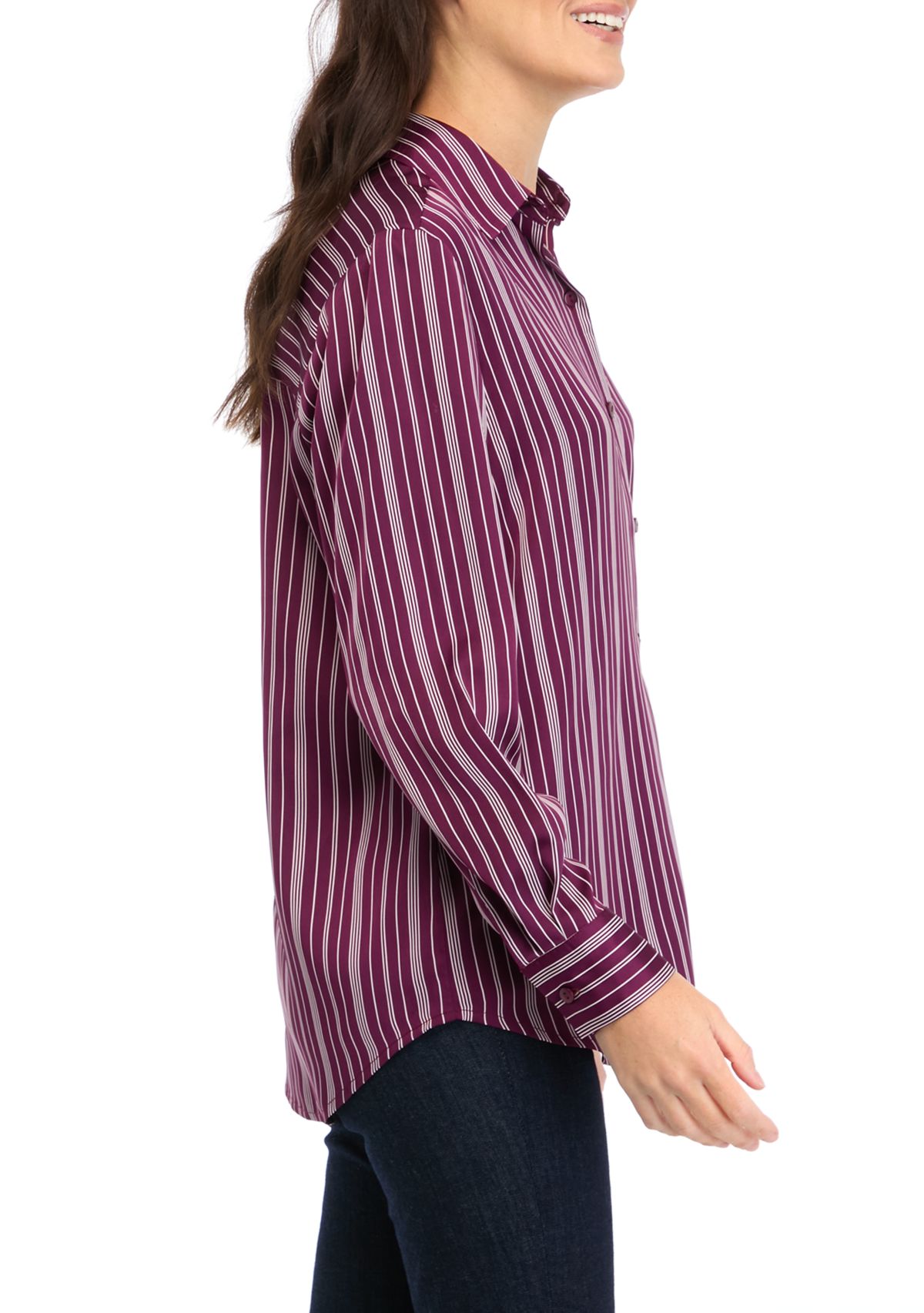 Womens Long Sleeve Satin Striped Button Down Shirt 