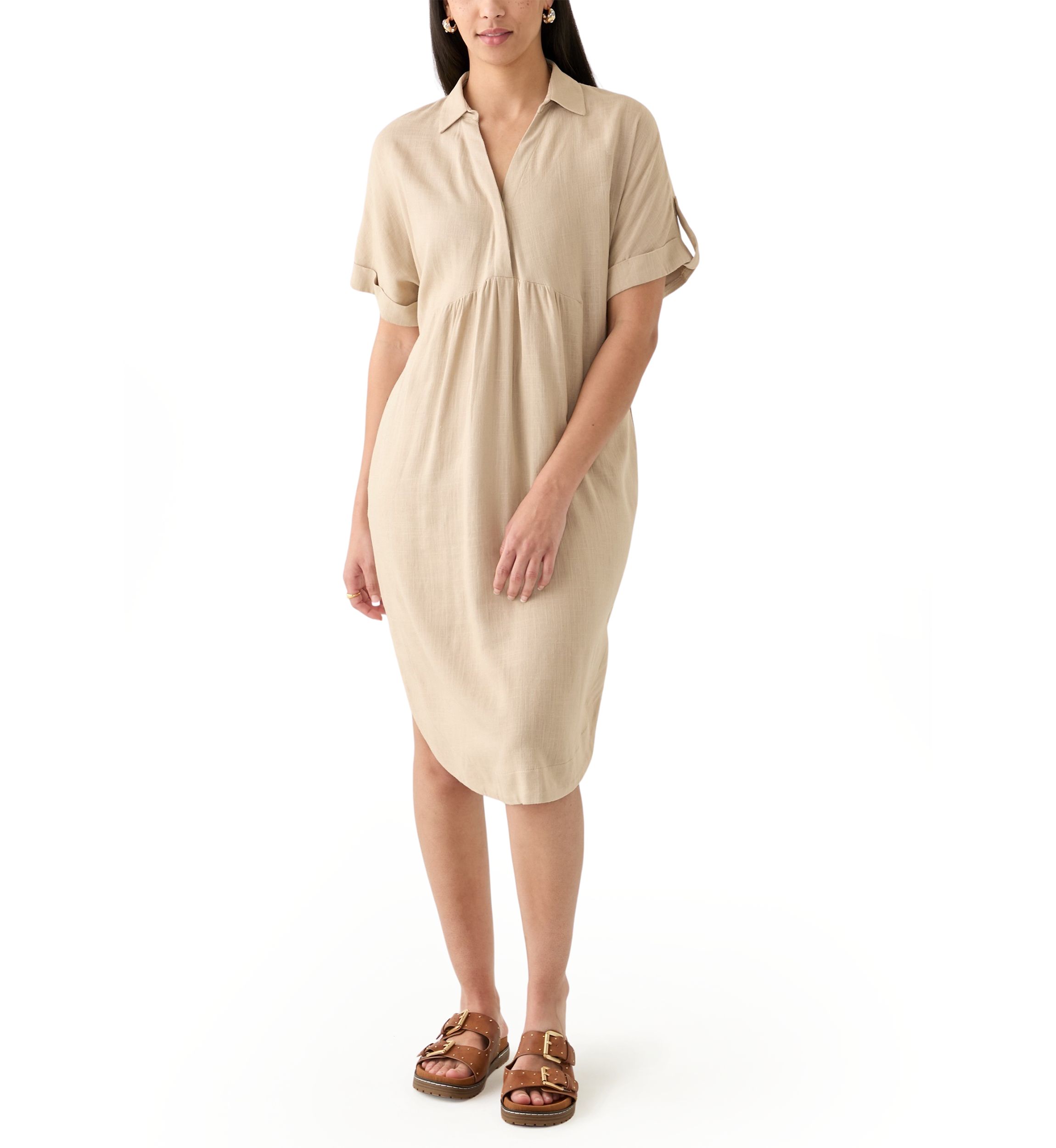 Womens Short Sleeve Linen Popover Shirtdress