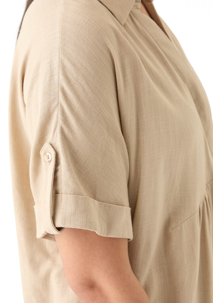 Womens Short Sleeve Linen Popover Shirtdress