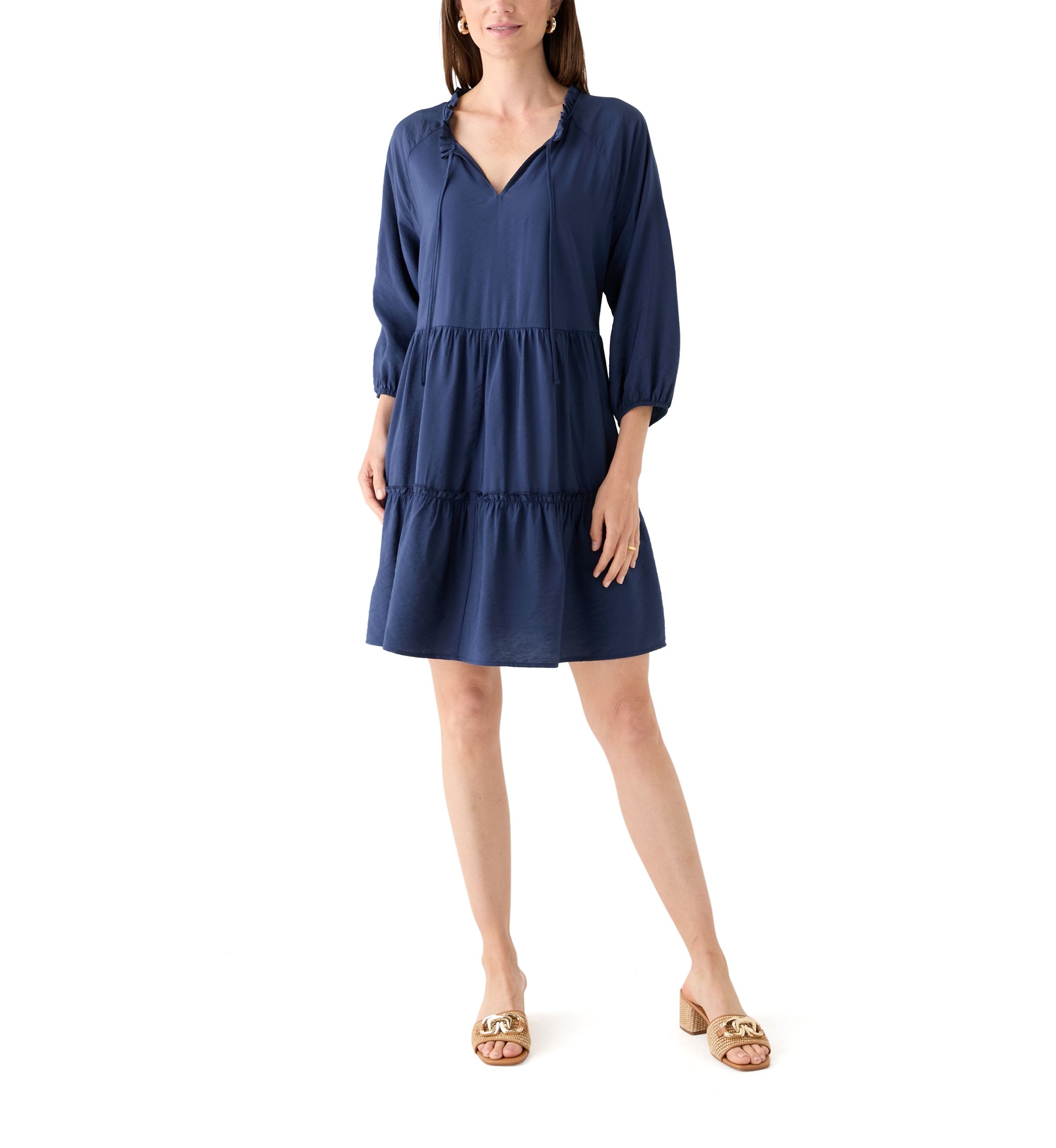 Womens 3/4 Sleeve Split Neck Tiered Mini Dress