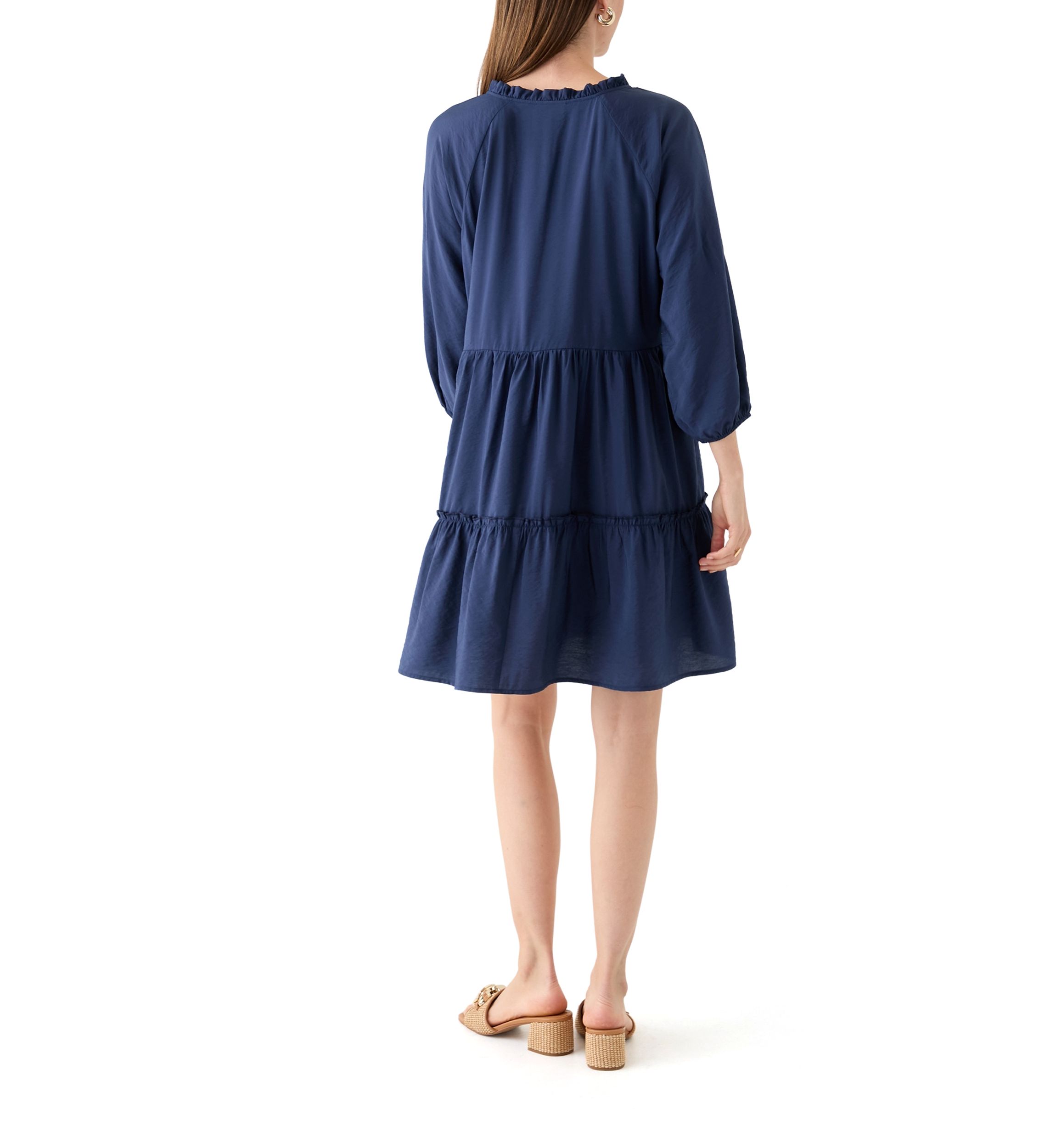 Womens 3/4 Sleeve Split Neck Tiered Mini Dress