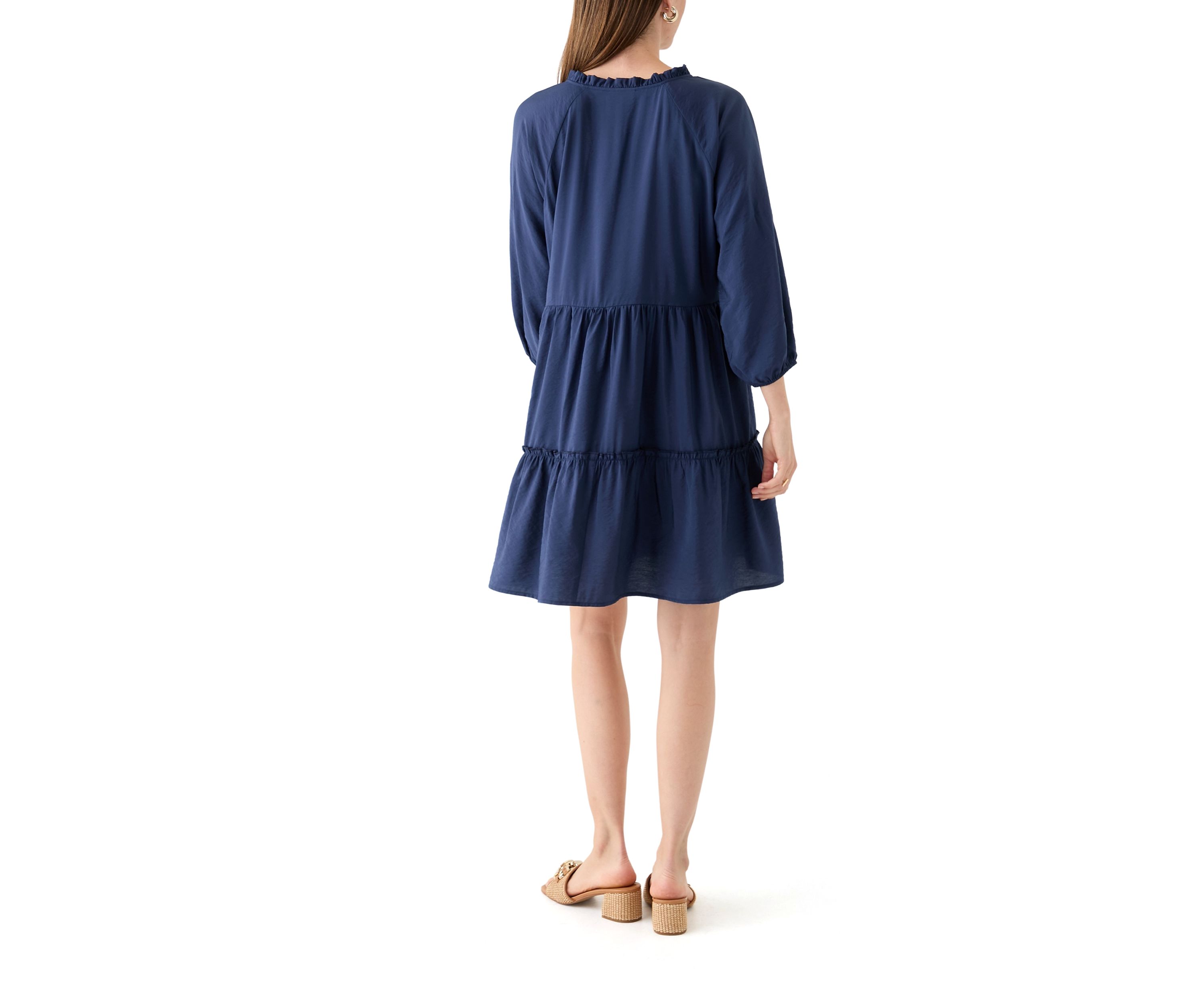 Womens 3/4 Sleeve Split Neck Tiered Mini Dress