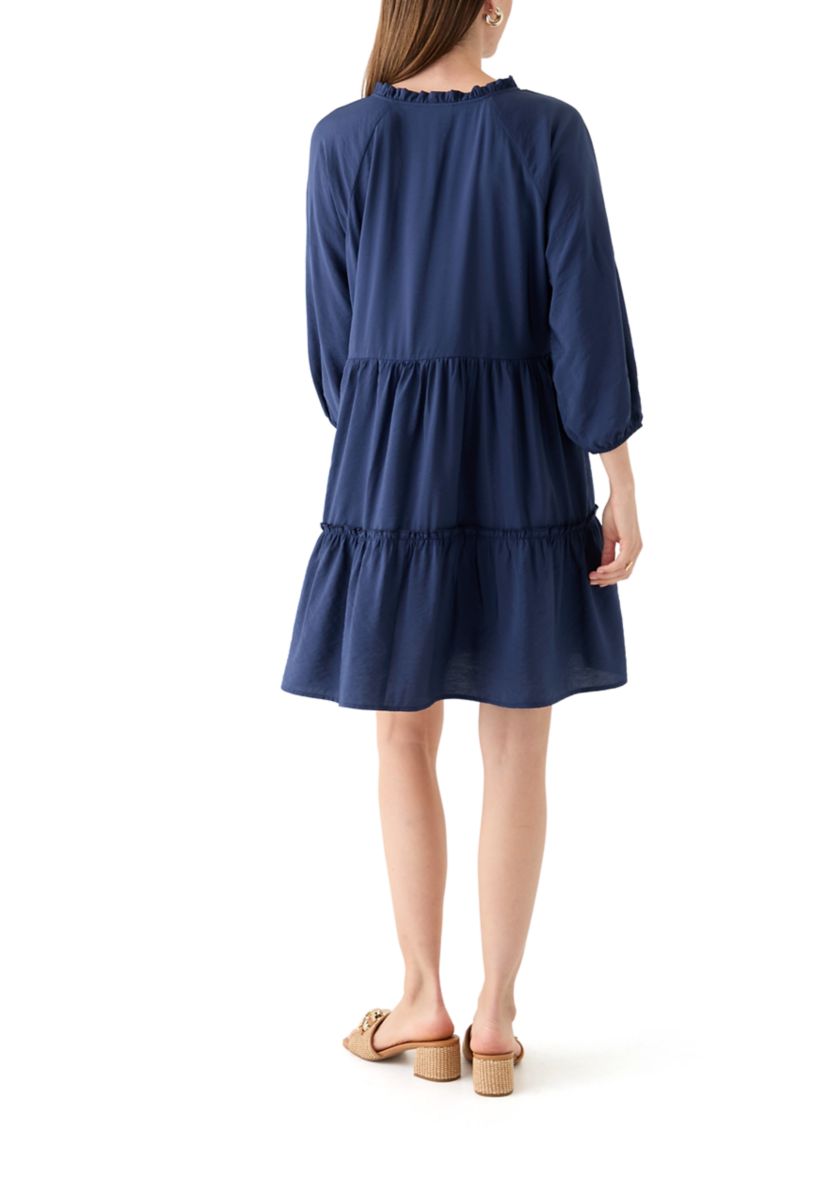 Womens 3/4 Sleeve Split Neck Tiered Mini Dress