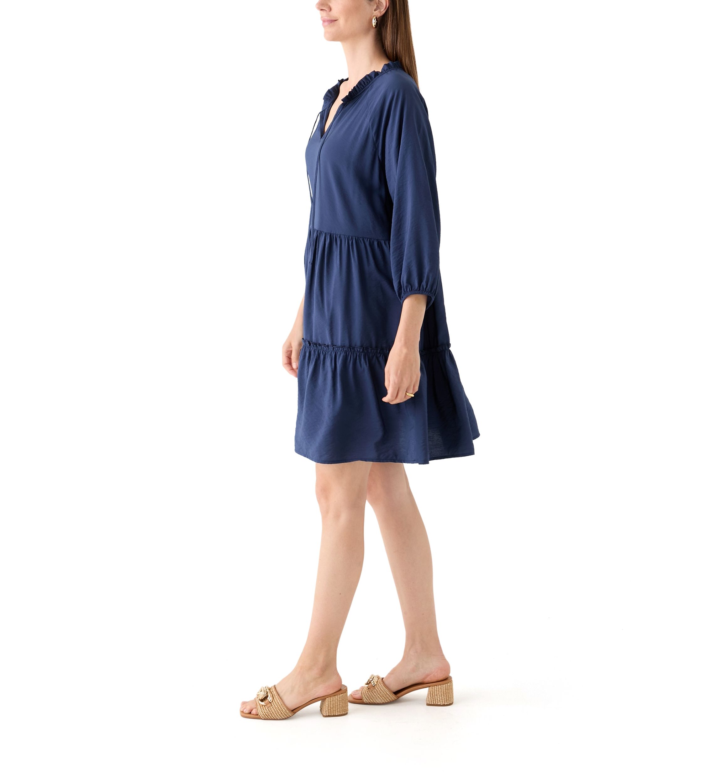 Womens 3/4 Sleeve Split Neck Tiered Mini Dress